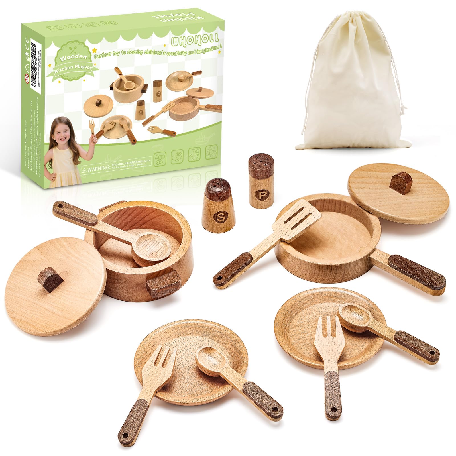 WHOHOLL Wooden Play Cooking Set