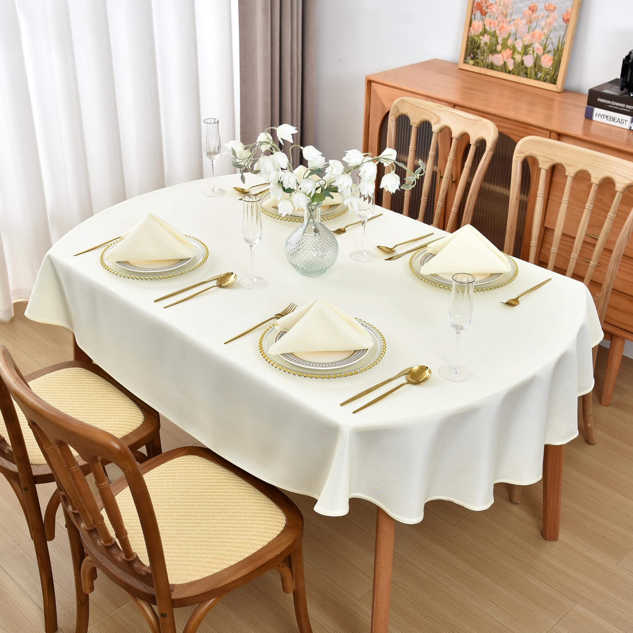 Viiamacki Beige Oval Tablecloth, 60 x 120 Inch, Stain and Wrinkle Resistant Machine Washable Polyester Table Cloth, Fabric Table Cover for Dining Buffet Party and Outdoor Use โ image 1