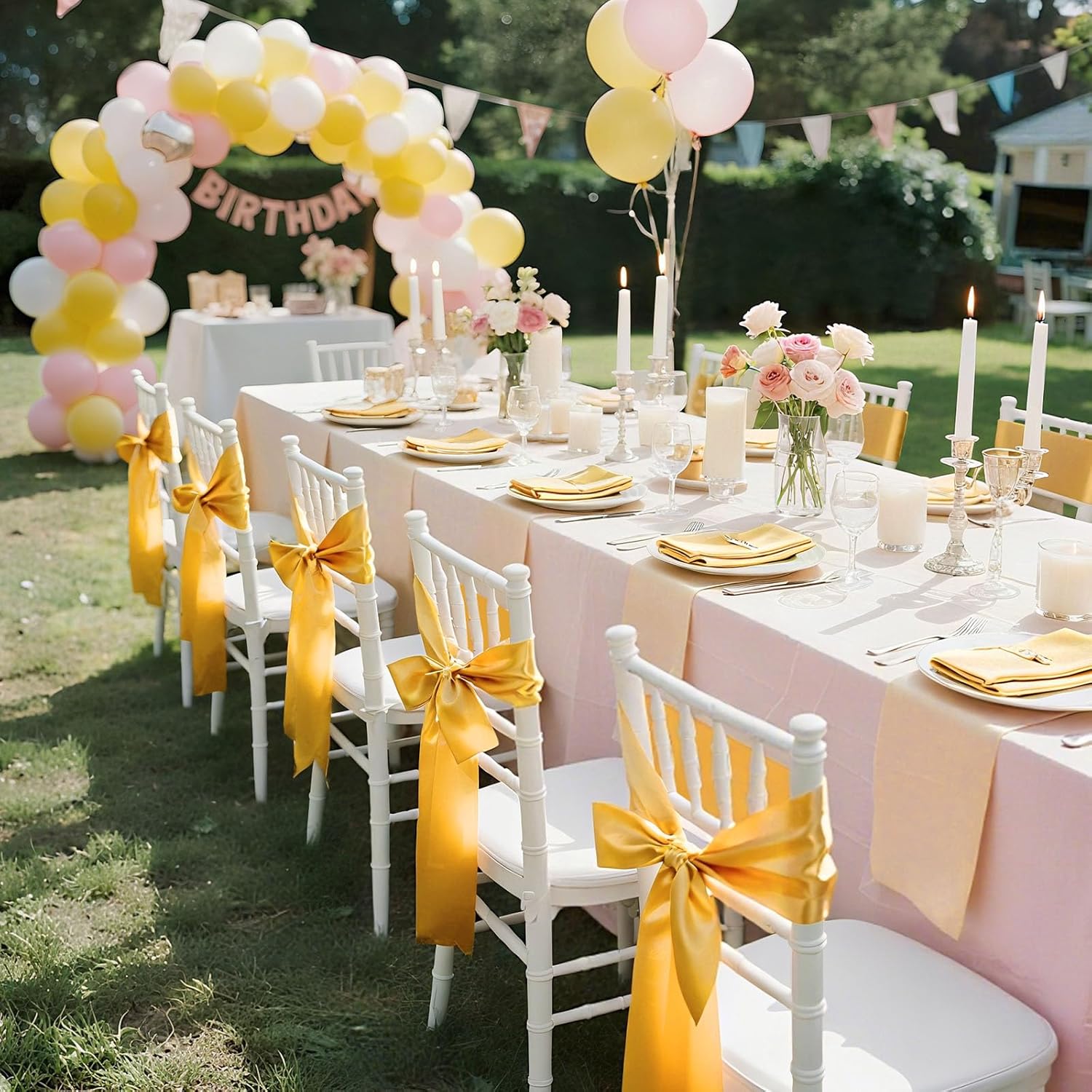 VEVOR Satin Chair Sashes Bows, Chair Ribbon Ties Back Sash, 7 x 108 inch, Wedding Reception Decoration, for Wedding Ceremony Baby Shower Party Events Banquet Cover Decoration (Gold, 100pcs)