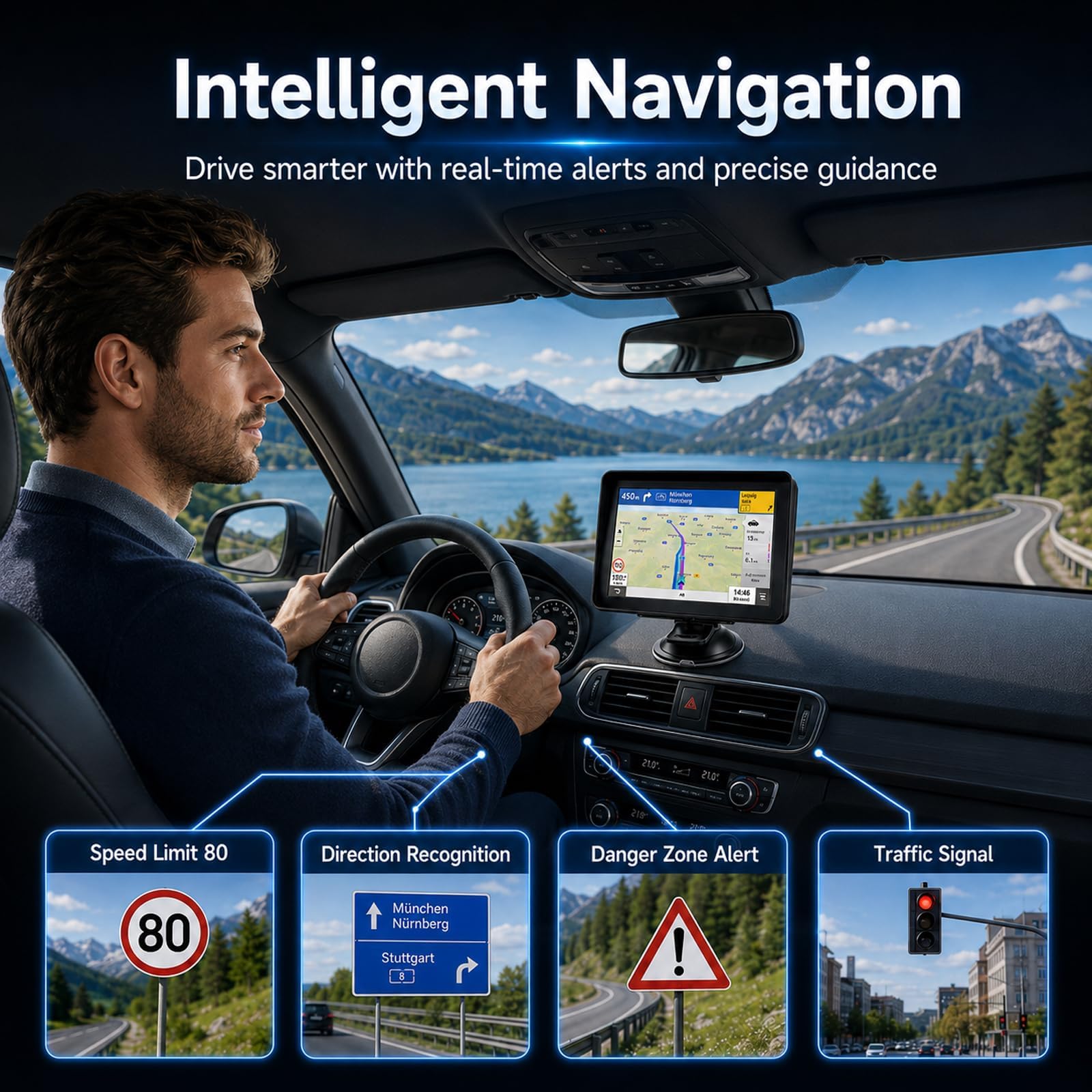 7" Navigationsgerät für Auto & LKW, Radarwarner, Kartenupdate | LKW-Routen zur Brückenvermeidung; 12 GPS-Kanäle für starkes Signal; Radarwarner; 7" HD-Display; Inklusive Anleitung