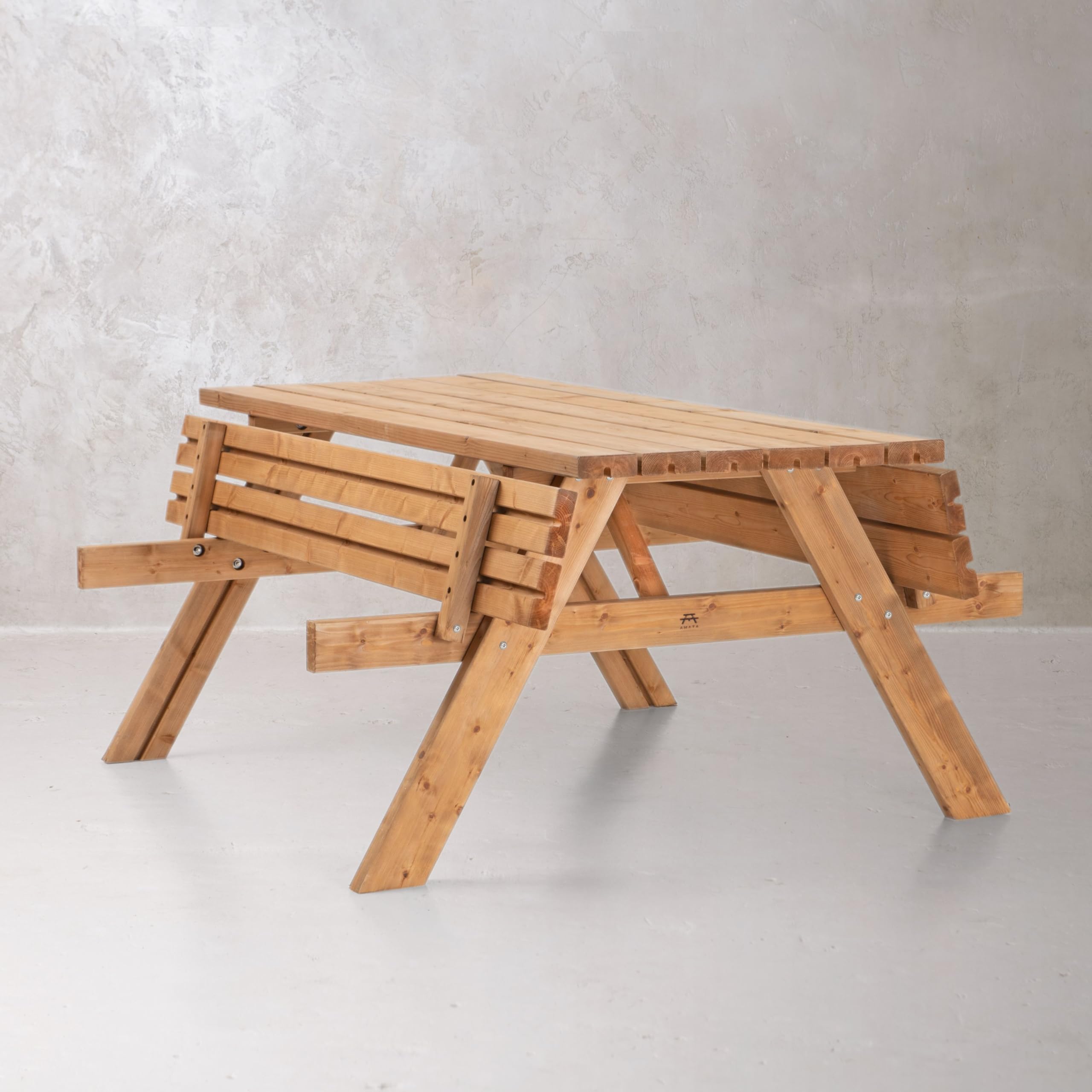 AMATA Mesa de picnic de diseño clásico con asientos plegables, colección UNGURS, mesa de picnic de madera resistente a la intemperie para exteriores, perfecta para jardín y patio (avellana oxidada)