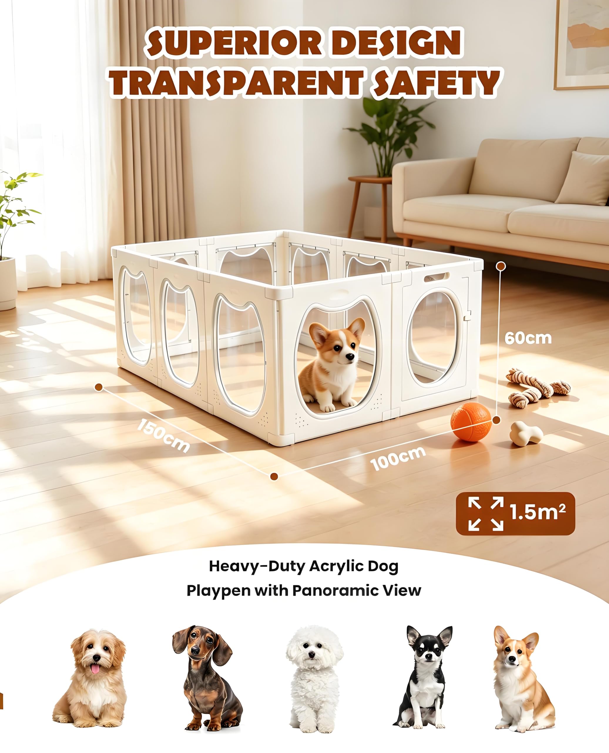 Enclos pour Chiots Transparent en Acrylique avec Porte, 9+1 Parc à Chiots Intérieur, 50 × 60 cm, Montage sans Outils, Ventouses Antidérapantes, pour Chiots, Petits et Moyens Chiens et Autres Animaux