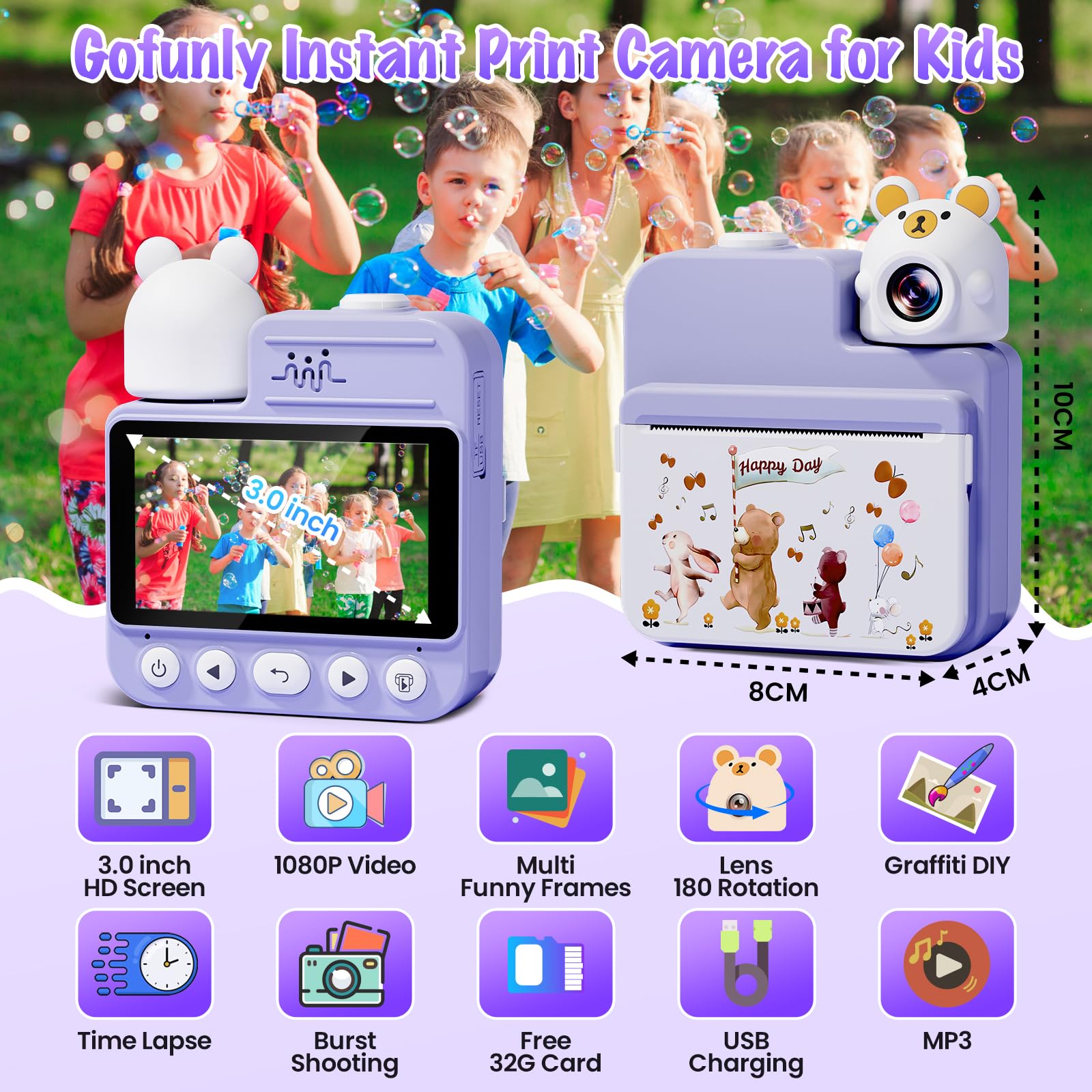 Gofunly Macchina Fotografica Bambini Istantanea, 3,0 Pollici Fotocamera Istantanea Bambini con 32GB Scheda & 3 Carta Stampa, 14MP/1080P HD Videocamera Fotocamera Digitali per Bambino da 3-12 Anni