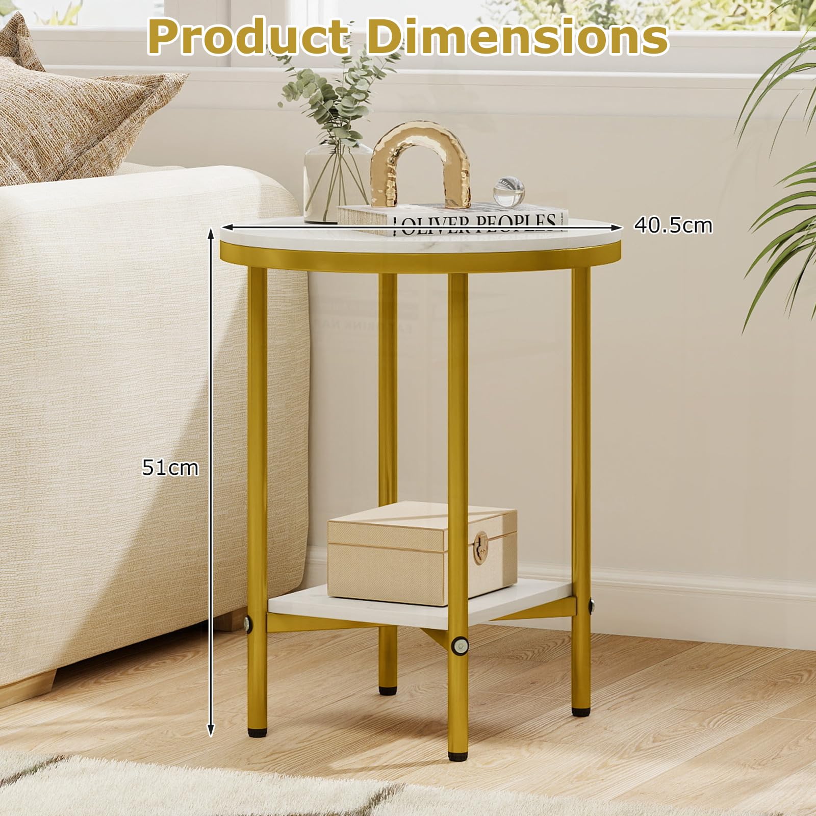 GIANTEX Tavolino effetto marmo oro con 2 ripiani | Tavolino rotondo in legno con telaio in metallo, piccolo tavolino da salotto moderno, diametro 40,5 x 51 cm