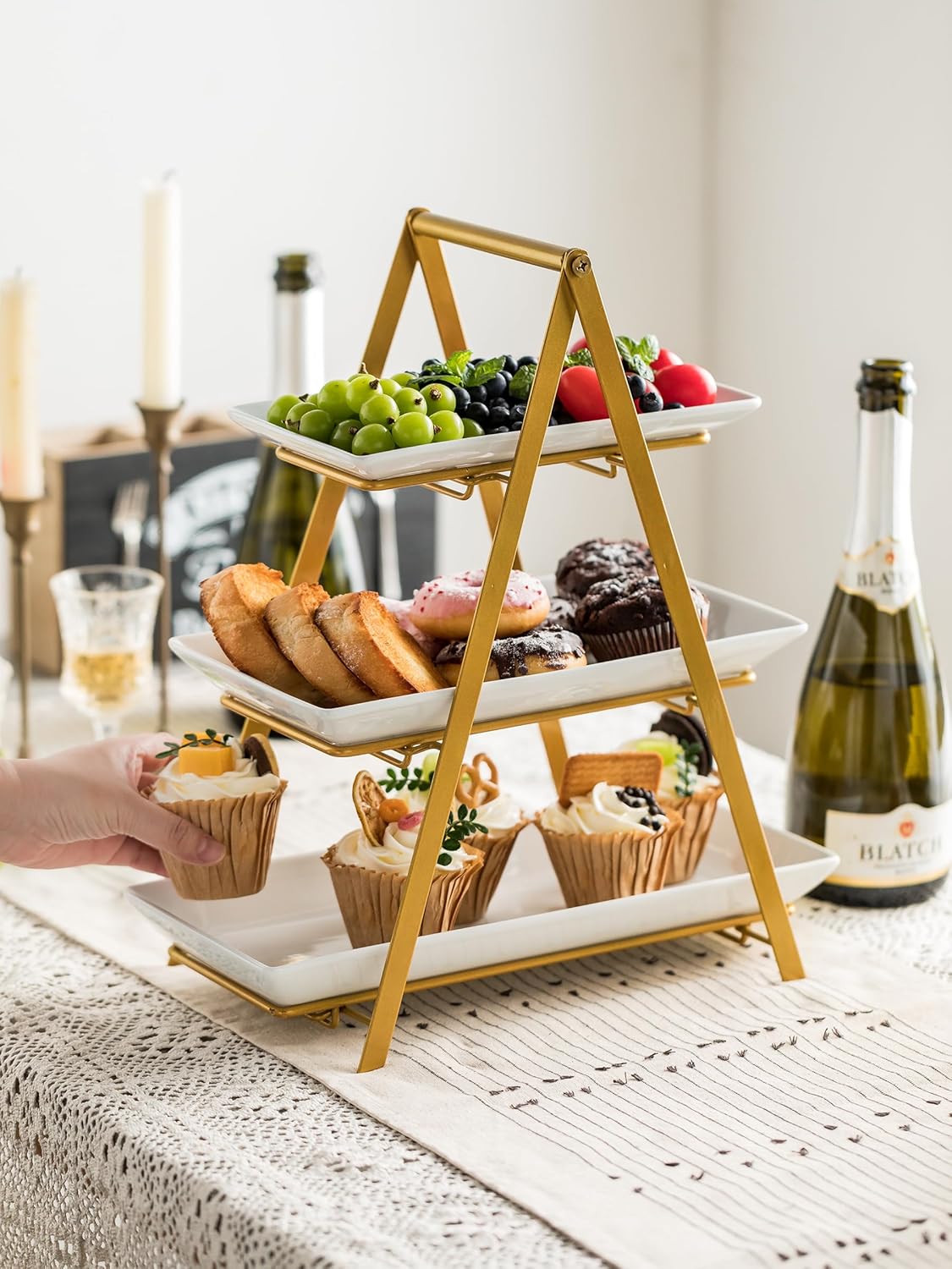 YHOSSEUN 3 Tier Serving Tray, Porcelain Tiered Tray Stand, 10+12+14 Inch Serving Platters and Trays with Collapsible Sturdier Rack, 3 Tiered Serving Stand Dessert Stands