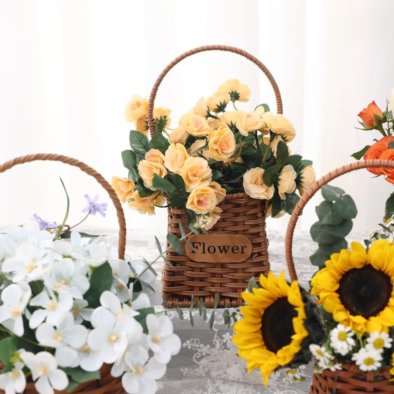 Set of 4 Flower Basket with Handle, QENUIITEA Imitation Rattan Woven Picnic Basket with Plastic Waterproof Lining, Flower Girl Baskets for Wedding Valentine's Day, Storage Basket for Home Decor