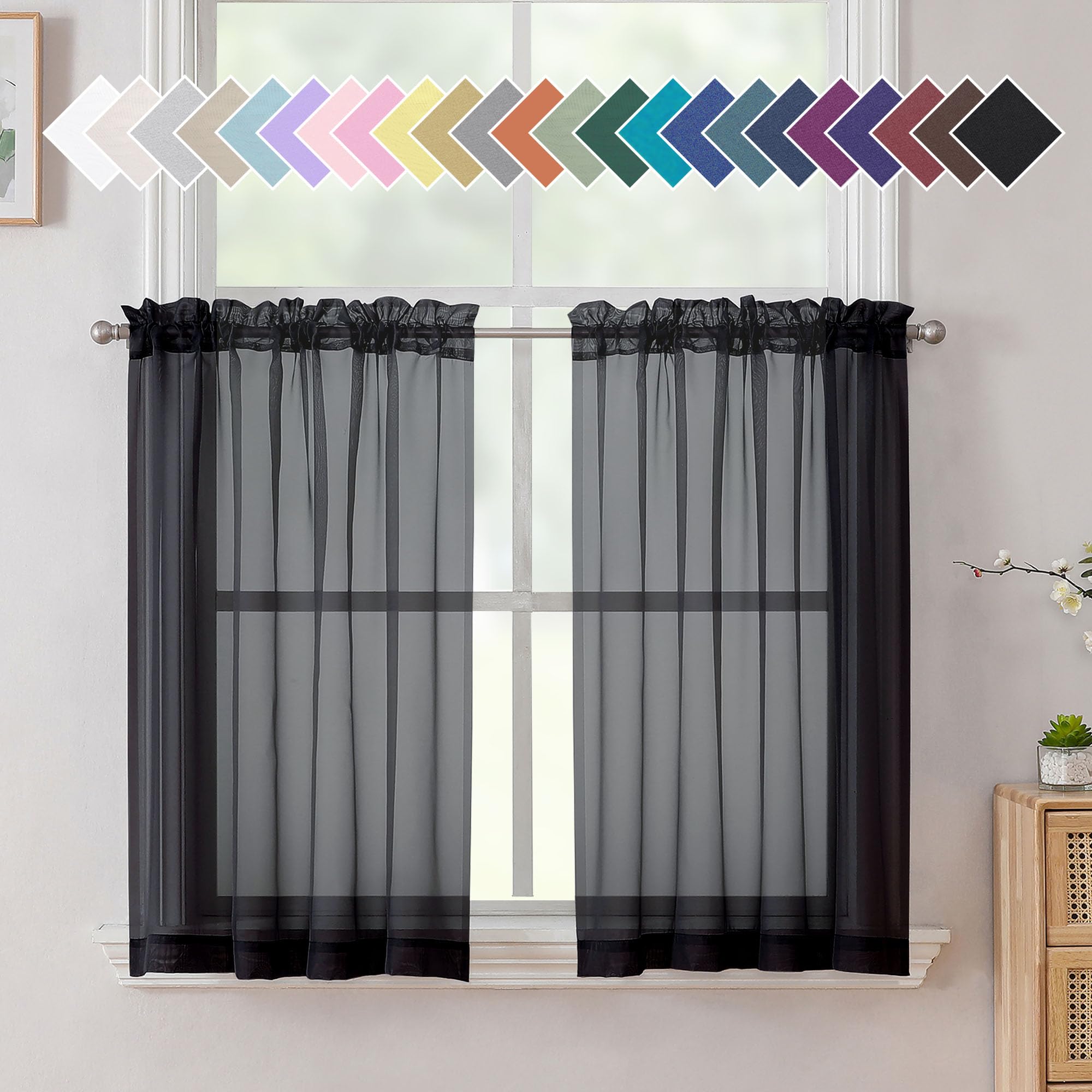 Aiyufeng Black Curtains 36 inches Long 2 Panels, Short Cafe Sheer Tiers, Kitchen Tier Curtains for Kitchen Room Laundry, Rod Pocket, 40" Wx36 L