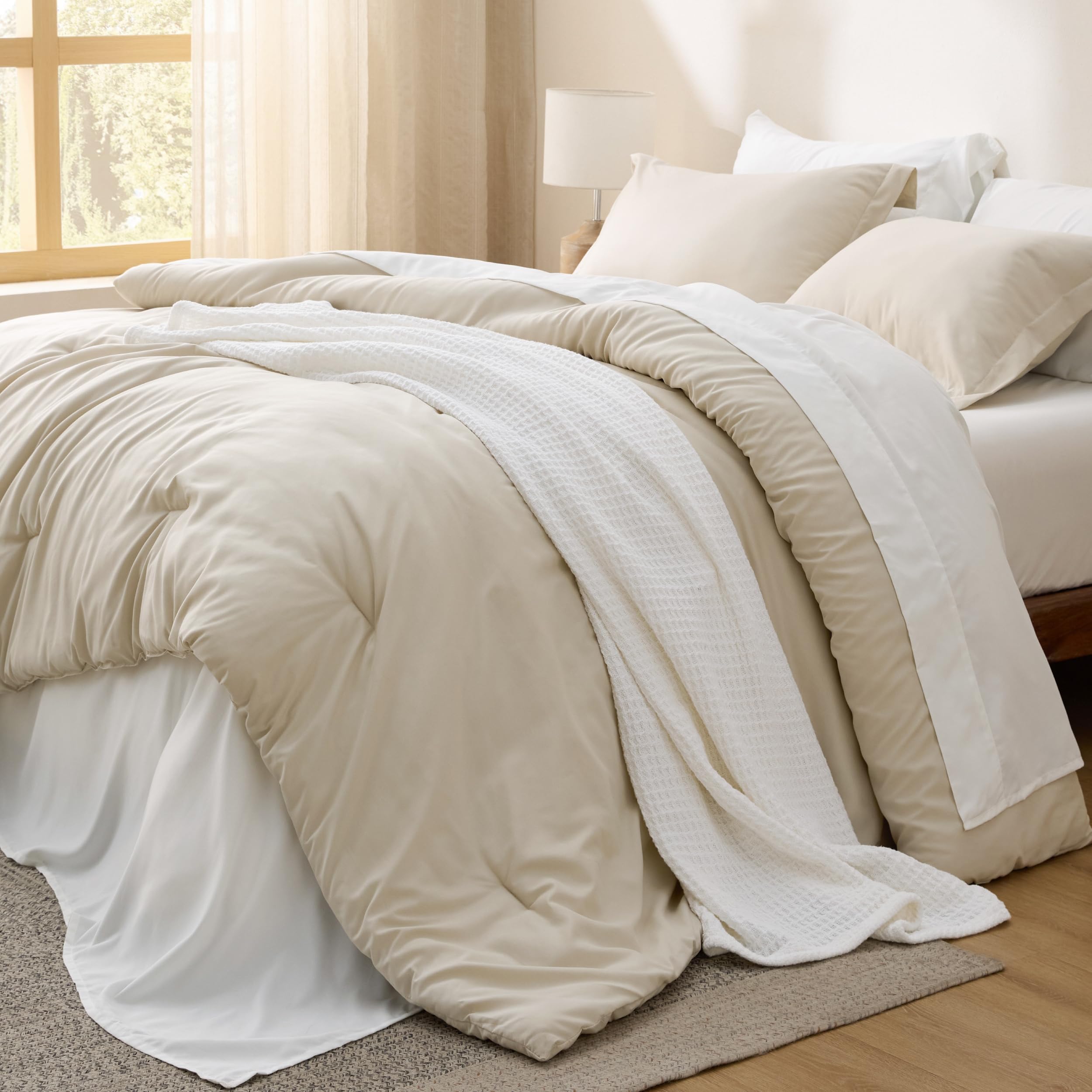 Full Size Comforter Set - 7 Pieces Beige Full Bedding Set for All Seasons, Boho Contrasting Design Bed in a Bag with Comforter, Sheets, Pillowcases & Shams