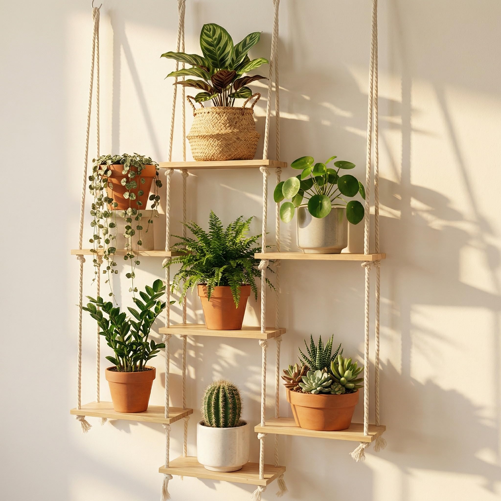 Photo 1 of Yalikop 1 Pack Hanging Window Plant Shelves, 7 Tier Boho Indoor Window Hanging Plant Shelf Wood Wall Floating Shelves for Balcony, Living Room & Indoor Garden Decor (Rectangle)