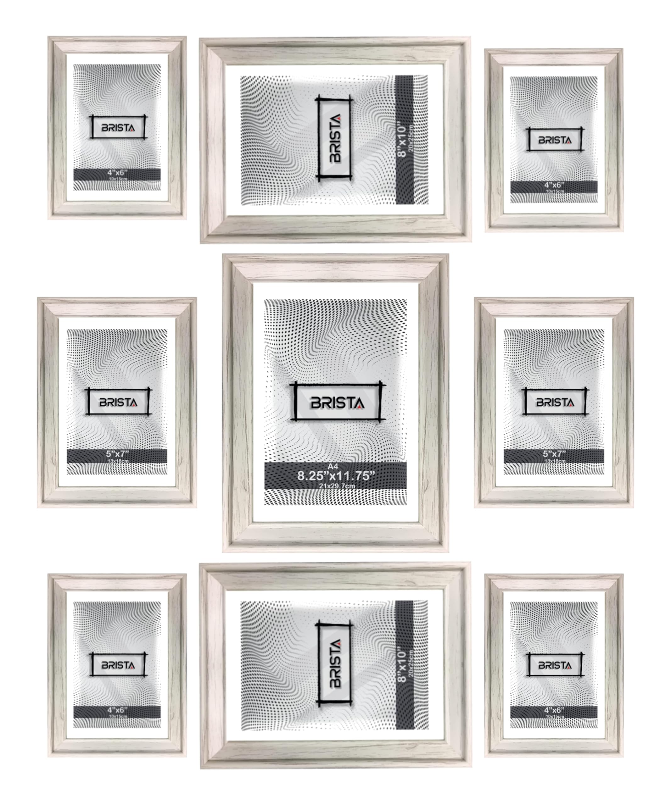 9 Pack of White Solitaire Shabby Chic Distressed Wood Styrene Photo Frames for Living Room Decor or Staircase Decoration