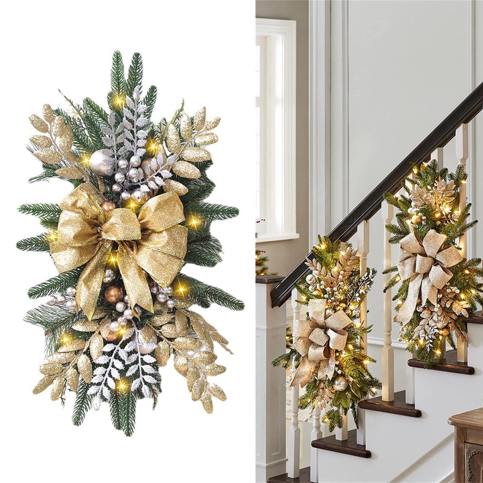 Decoraciones Navideñas para Escaleras, Guirnalda Iluminada para Escalera con Luces de Cadena, Guirnalda Navideña Iluminada Artificial de Bayas para Pared (Dorada), 60x35cm/13.8x23.6 pulgadas
