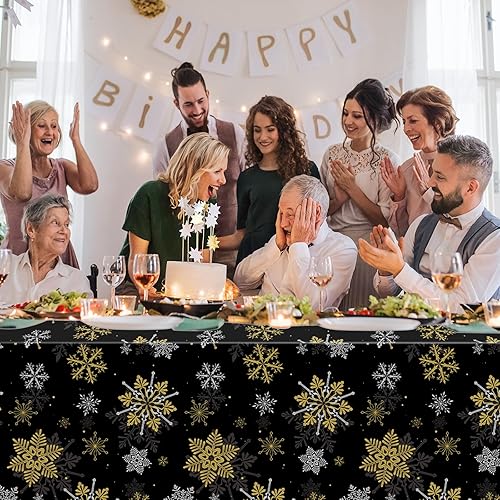 Miniatura 8 de 3 manteles de Navidad con diseño de copos de nieve, de plástico, color negro y azul, rectangular, para invierno, Navidad, Año Nuevo, decoración de