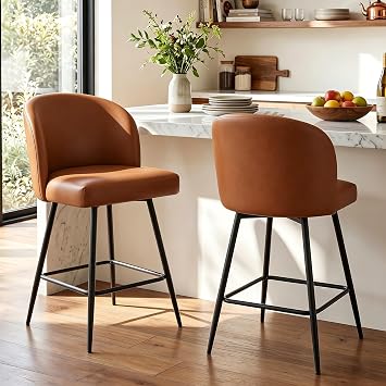 Counter Height Bar Stools Set of 2, 360 Swivel Upholstered Barstools with Backs and Metal Legs, 26" H Seat Height, Faux Leather in Walnut Brown