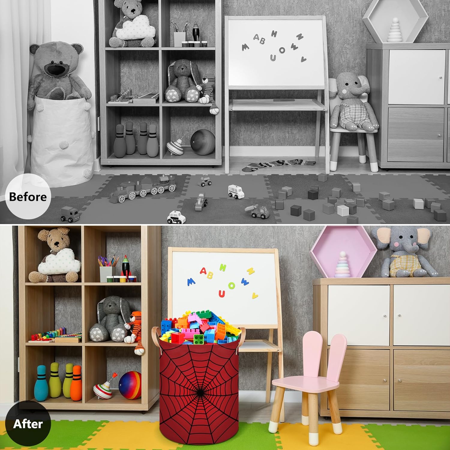 Large Laundry Hamper Basket Red Spider Web Round Freestanding Clothes Basket, Collapsible Storage Organizer Bin with Leather Handles for Dirty Clothes Toys, Nursery Home Storage 16"W x 20"H