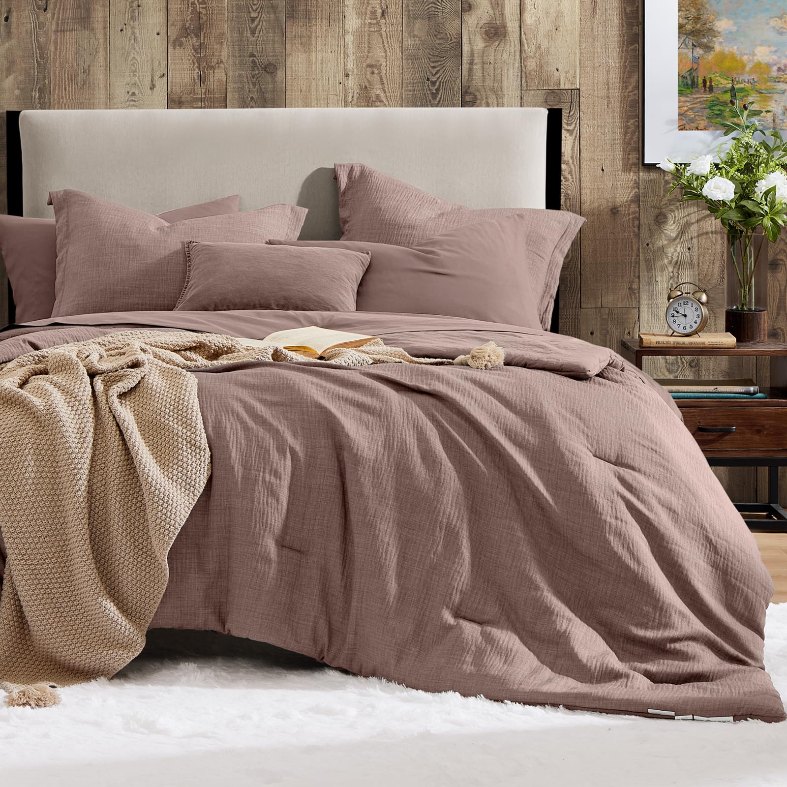 Photo 1 of Geniospin Full Comforter Set - 7 Pieces Comforter Full Size, Solid Bedding Sets for All Season, Textured Bed in a Bag with Sheets, Pillowcases and Shams (Misty Rose, 80''x90'')