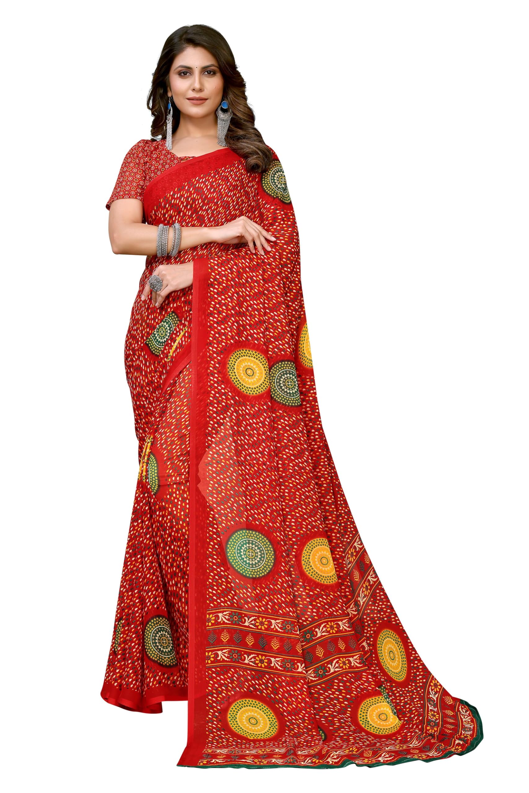Yashika Women's Trendy Printed Georgette Purple Color Saree with Blouse Material