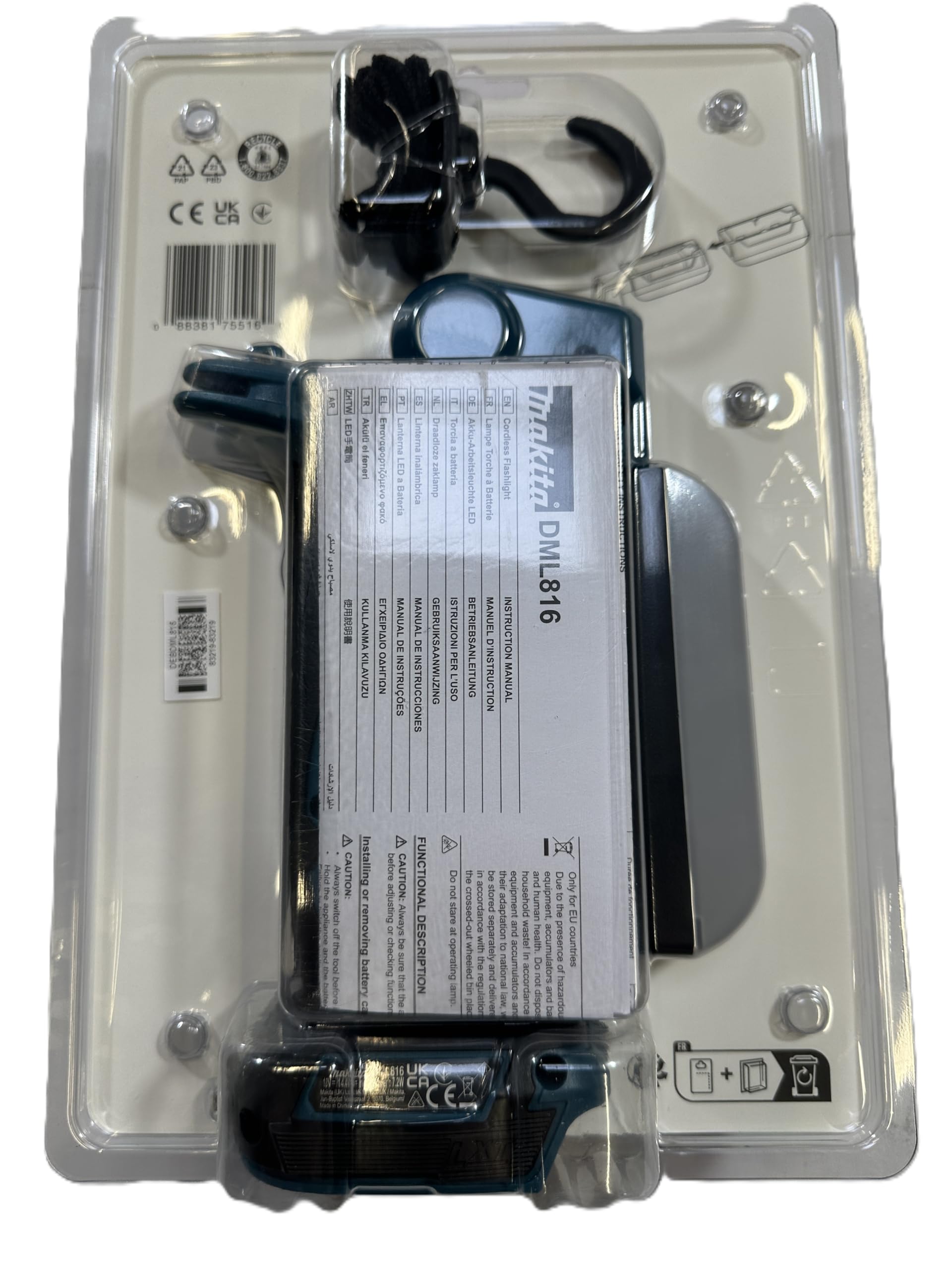 Makita DML816X - Lampada da lavoro a batteria a LED, 14,4 V-18 V (senza batteria e caricabatterie), con diffusore, max. 500 lumen, 3 livelli di luminosità, testa luminosa orientabile di 270°
