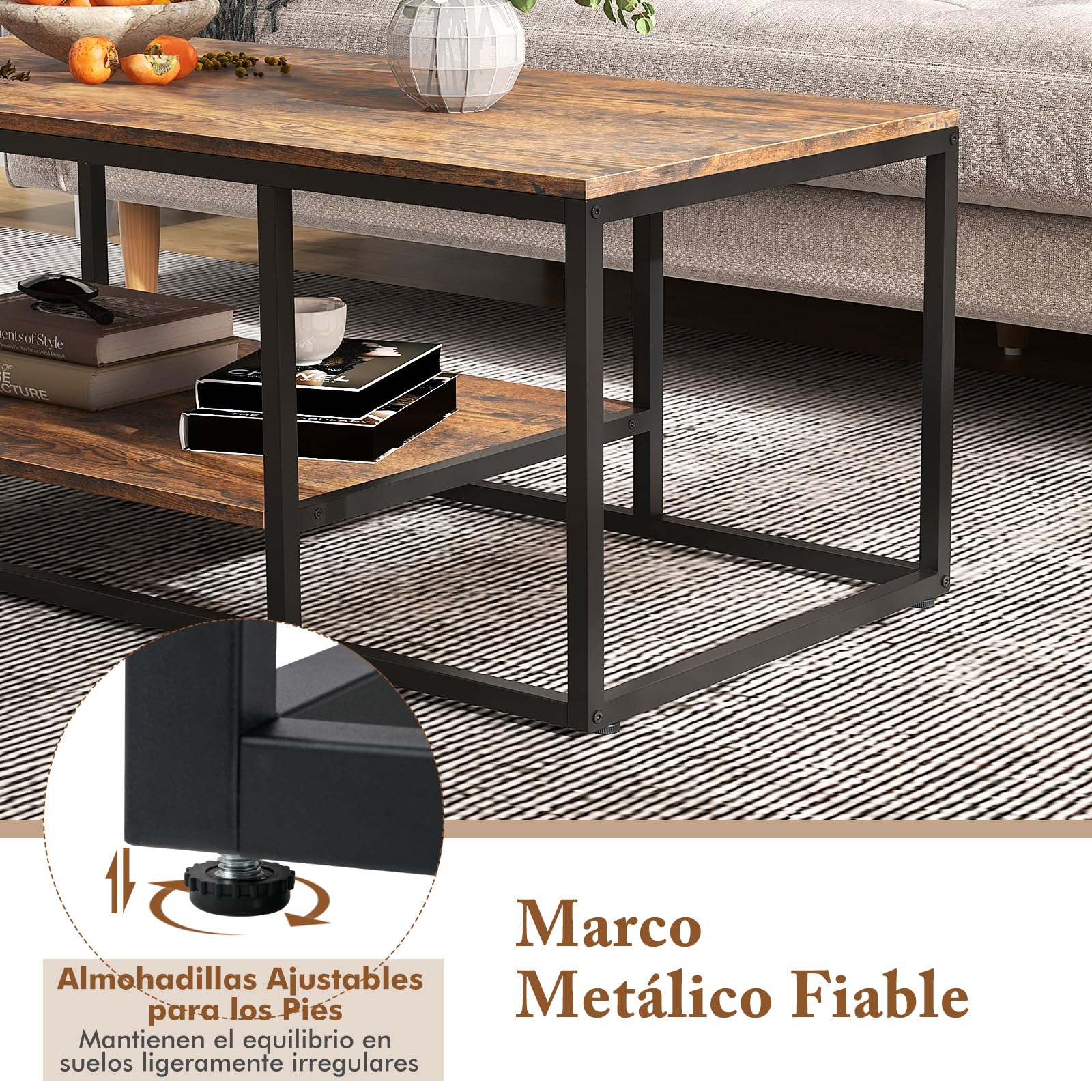 GOPLUS Mesa de Centro de 2 Niveles Industrial | Mesa de Café Rectangular con Estante de Almacenamiento, Madera y Estructura de Metal, 105 x 50 x 42,5 cm, Marrón Rústico