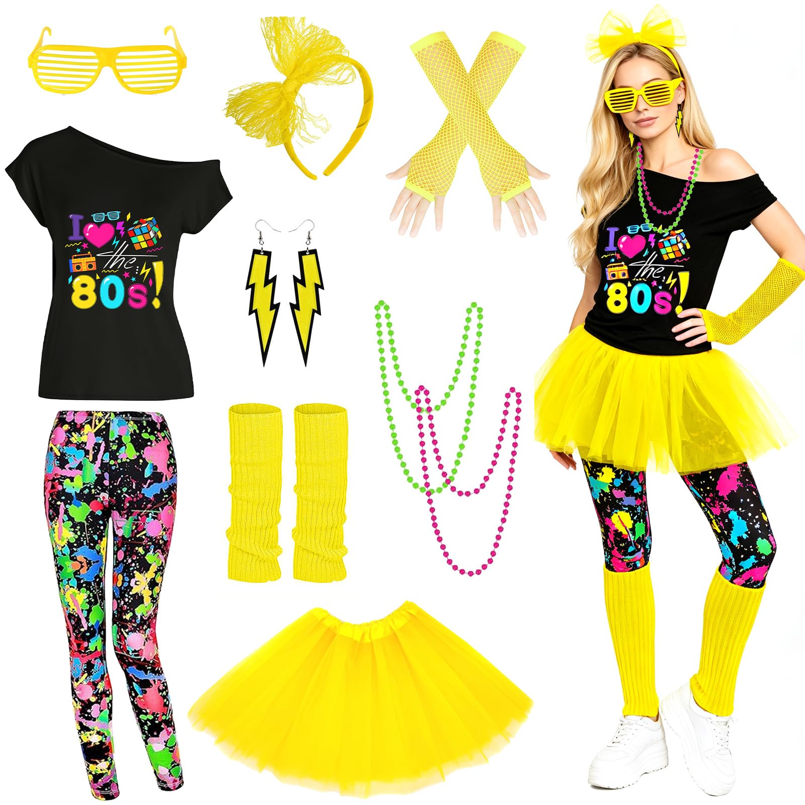DAZZTIME Disfraz Años 80 Mujer,Accesorios de Disfraz de Los Años 80,Juego de Disfraces de los Años 80,con Diadema,venda…