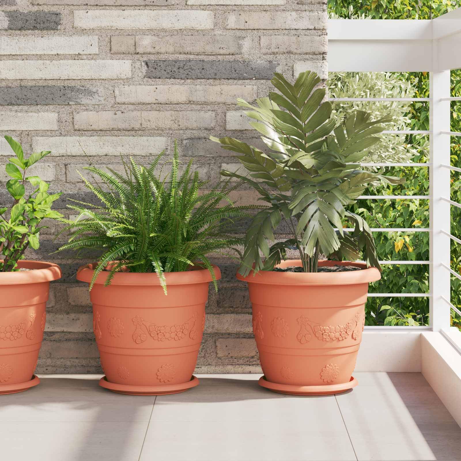 6er Set Blumentöpfe Ziegelrot Ø 34 cm, Moderne Pflanzgefäße aus Kunststoff für Außen und Innen, Runde Pflanztöpfe mit Entwässerungslöchern für Garten Balkon Terrasse