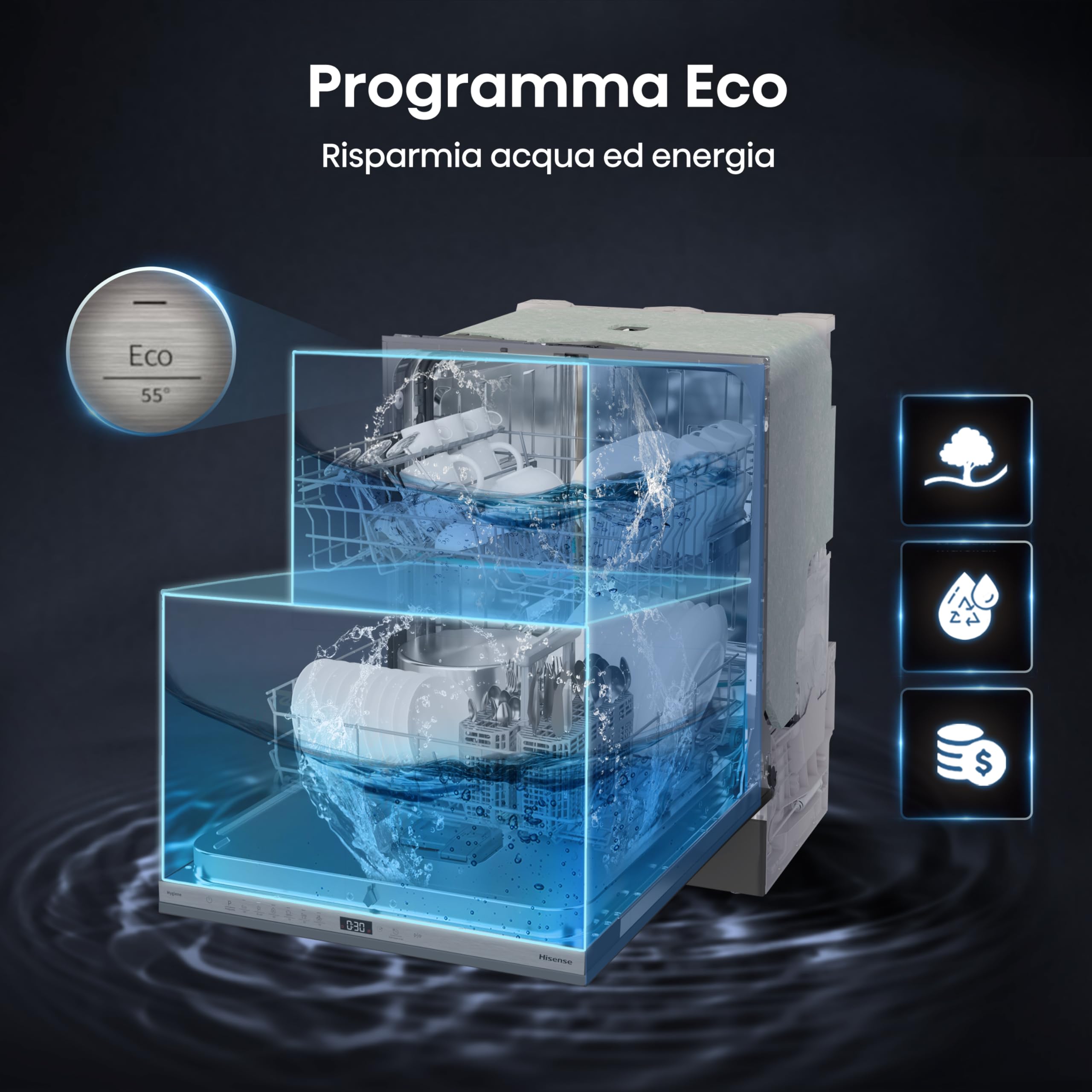 Hisense HV642D65 NUOVA Lavastoviglie da Incasso 60 cm, 14 Coperti, Apertura Porta Automatica, Cesti Flessibili, 6 Programmi, Classe Energetica D