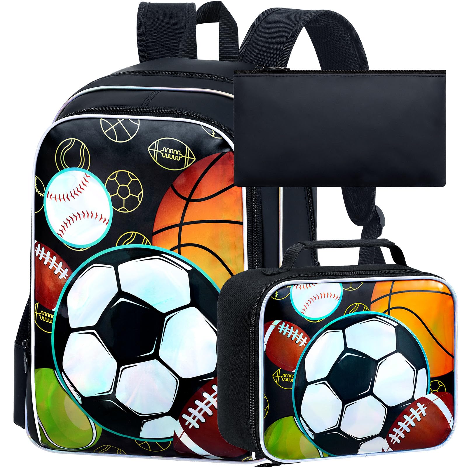 AGSDON 3PCS Boys Backpack, 17" Kids Bookbag with Lunch Box for Teen, Multi-Sports Ball Backpacks Water Resistant and Lightweight