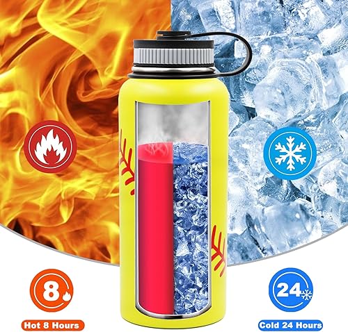 Miniatura 4 de Botella de agua de softbol de 32 onzas, botella deportiva de boca ancha, vaso de viaje de metal con 2 tapas, acero inoxidable de doble pared aislada