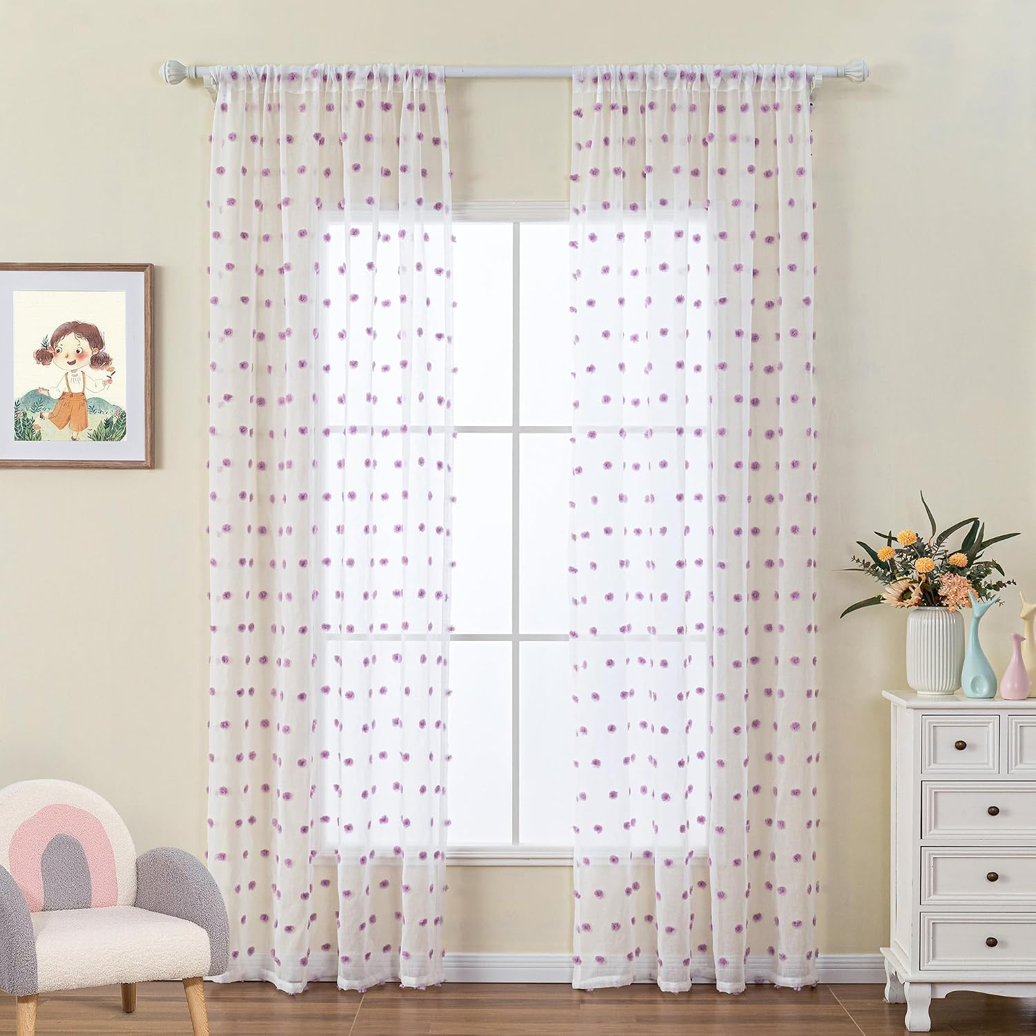 MYSKY HOME Purple Curtains for Girls Bedroom 84 Inch Long White Sheer Curtain with Lilac Pom Pom for Living Room Nursery Curtains 2 Panels Light Filtering Rod Pocket Semi Window Drapes 52 x 84 inch