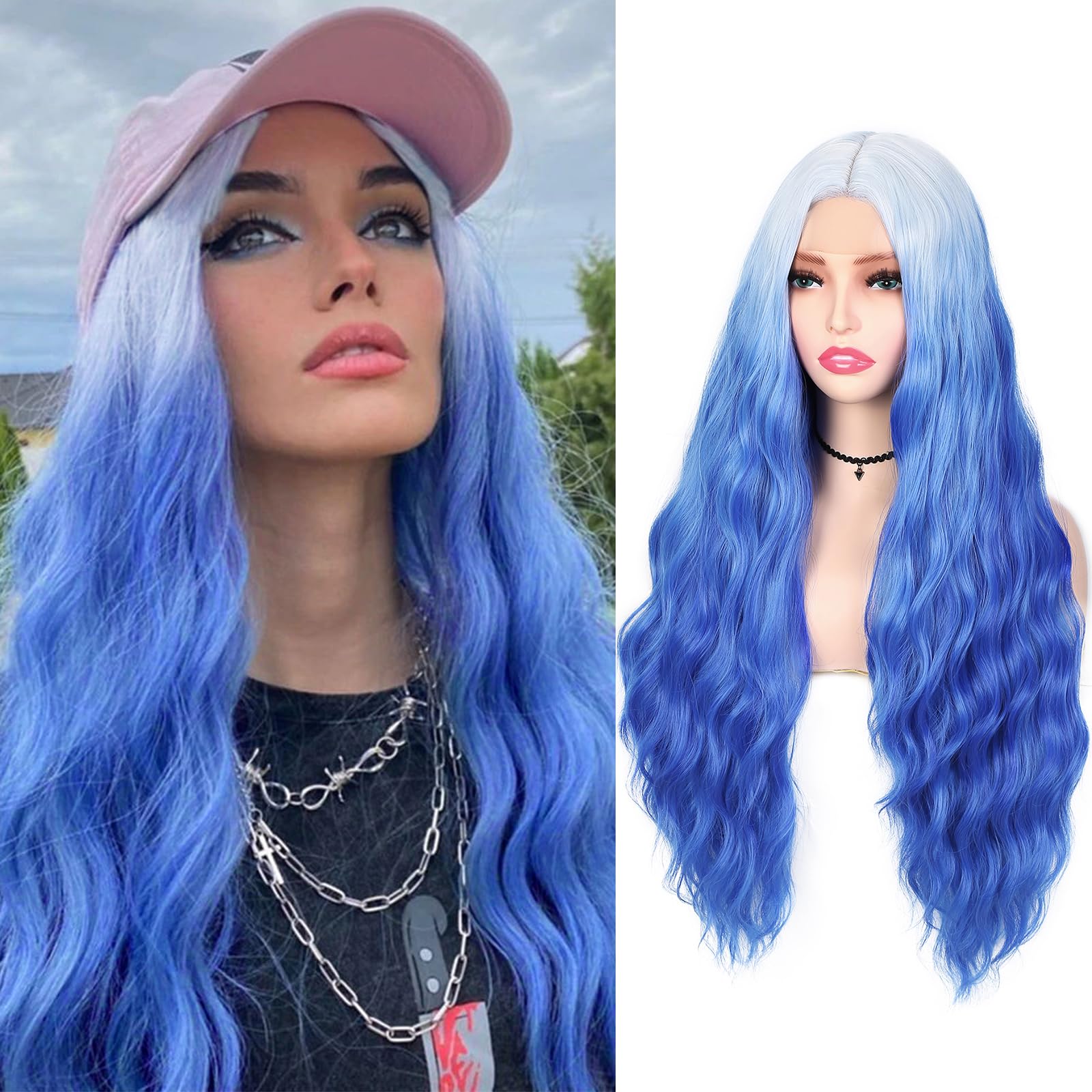 HANNE Ombre Blue Long Wavy Blue Wigs for White Women 28 Inch Natural Wave Curly Lace Part Wigs Light Root Synthetic Wig for Daily or Halloween Party (Blue)
