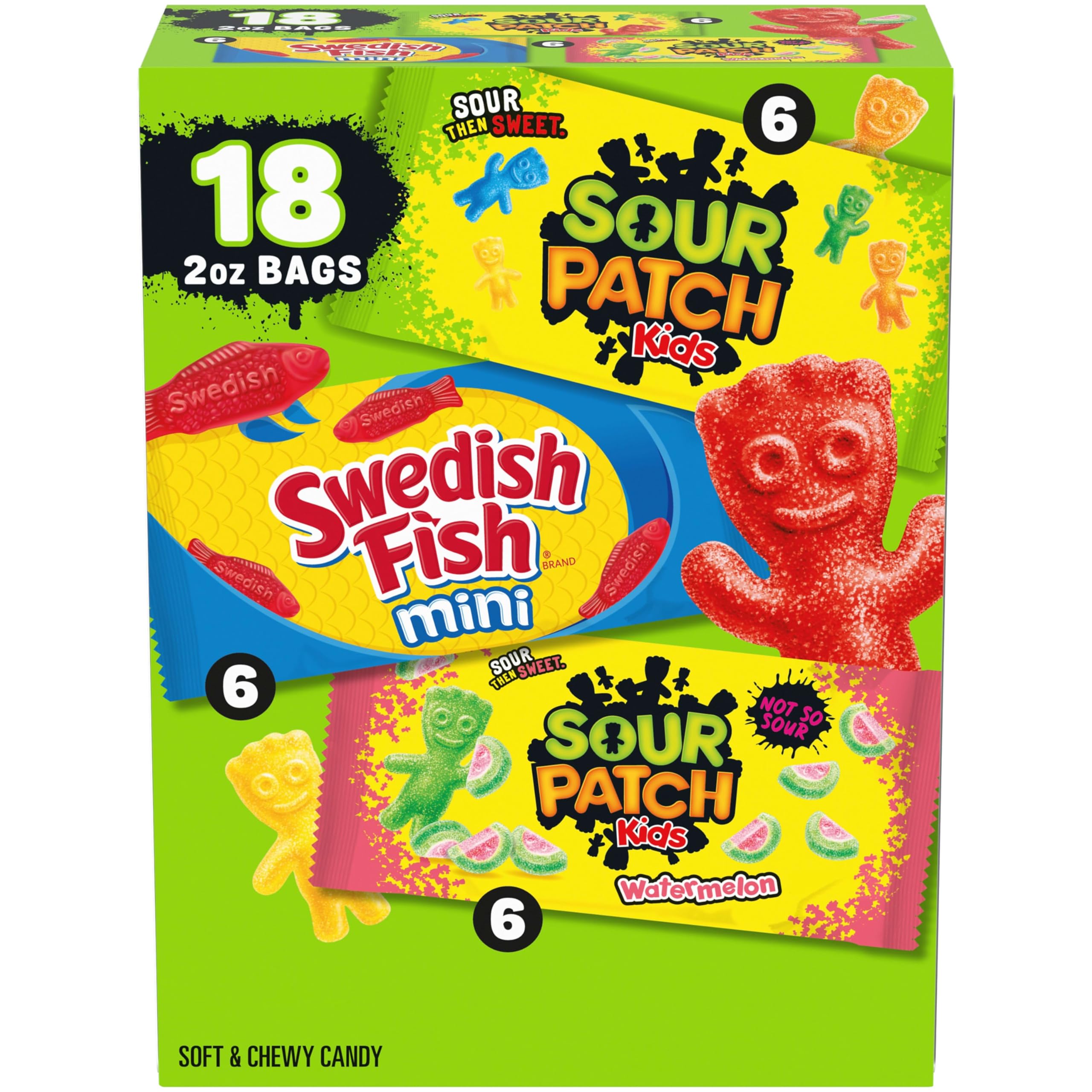 SOUR PATCH KIDS and SWEDISH FISH Mini Soft & Chewy Candy Variety Pack, Bulk Candy, 18-2 oz Bags