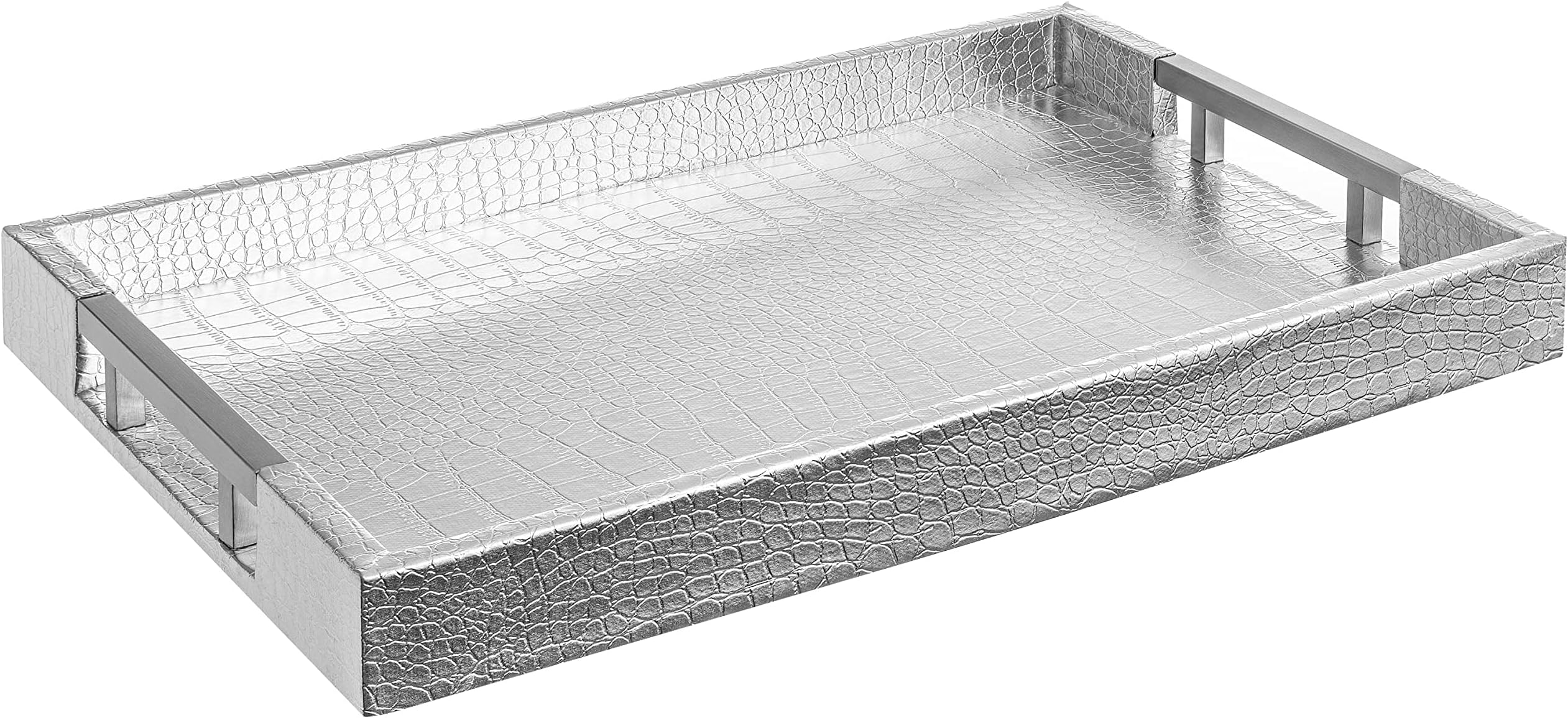 Beautiful Modern Elegant 18"x12" Silver Rectangle Glossy Alligator Croc Decorative Ottoman Coffee Table Perfume Living Room Kitchen Serving Tray With Metal Handles By For All Occasion's