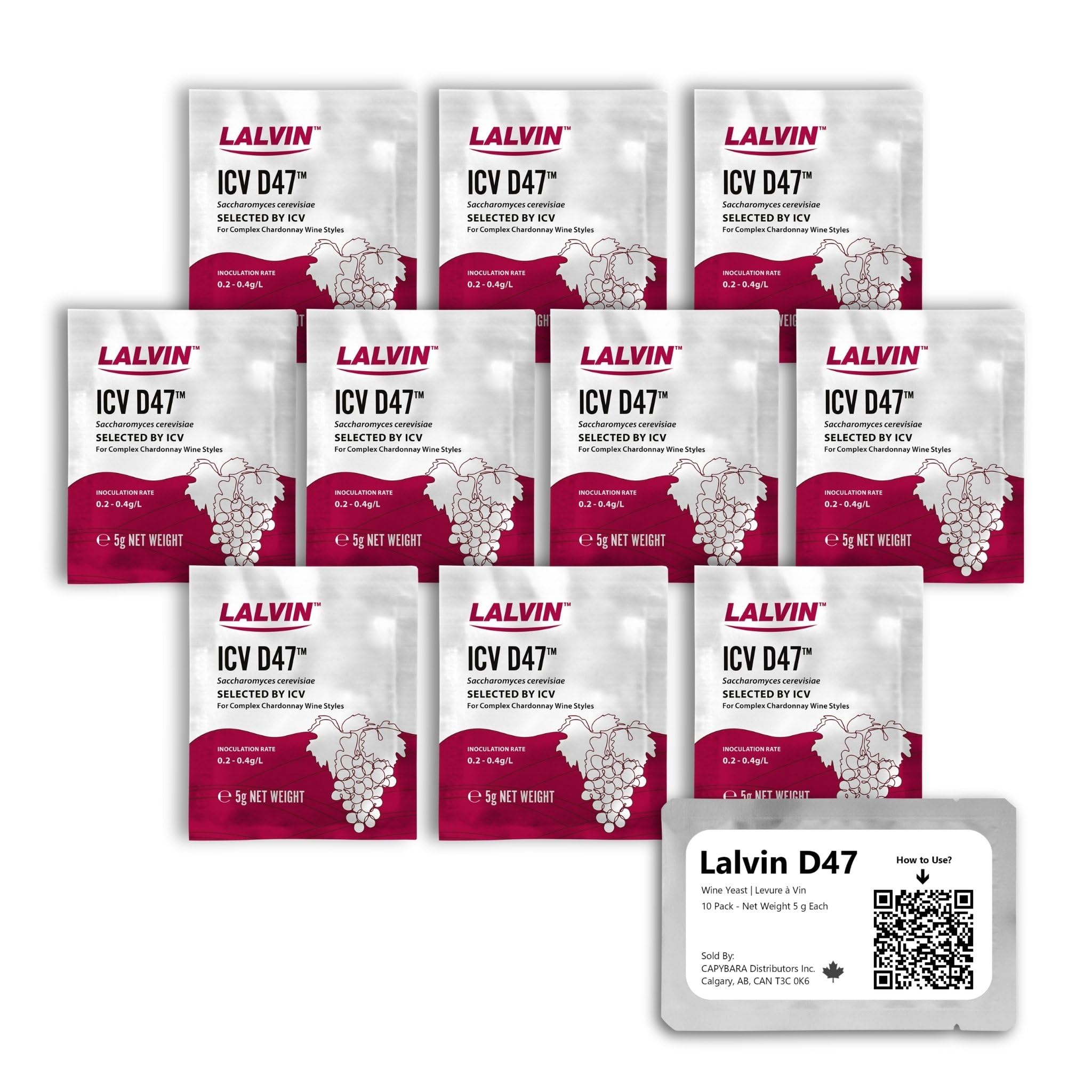 Lalvin D47 Wine Yeast (10 Pack) - Make Wine Cider Mead Kombucha At Home - 5 g Sachets - Saccharomyces cerevisiae - Sold by CAPYBARA Distributors Inc.
