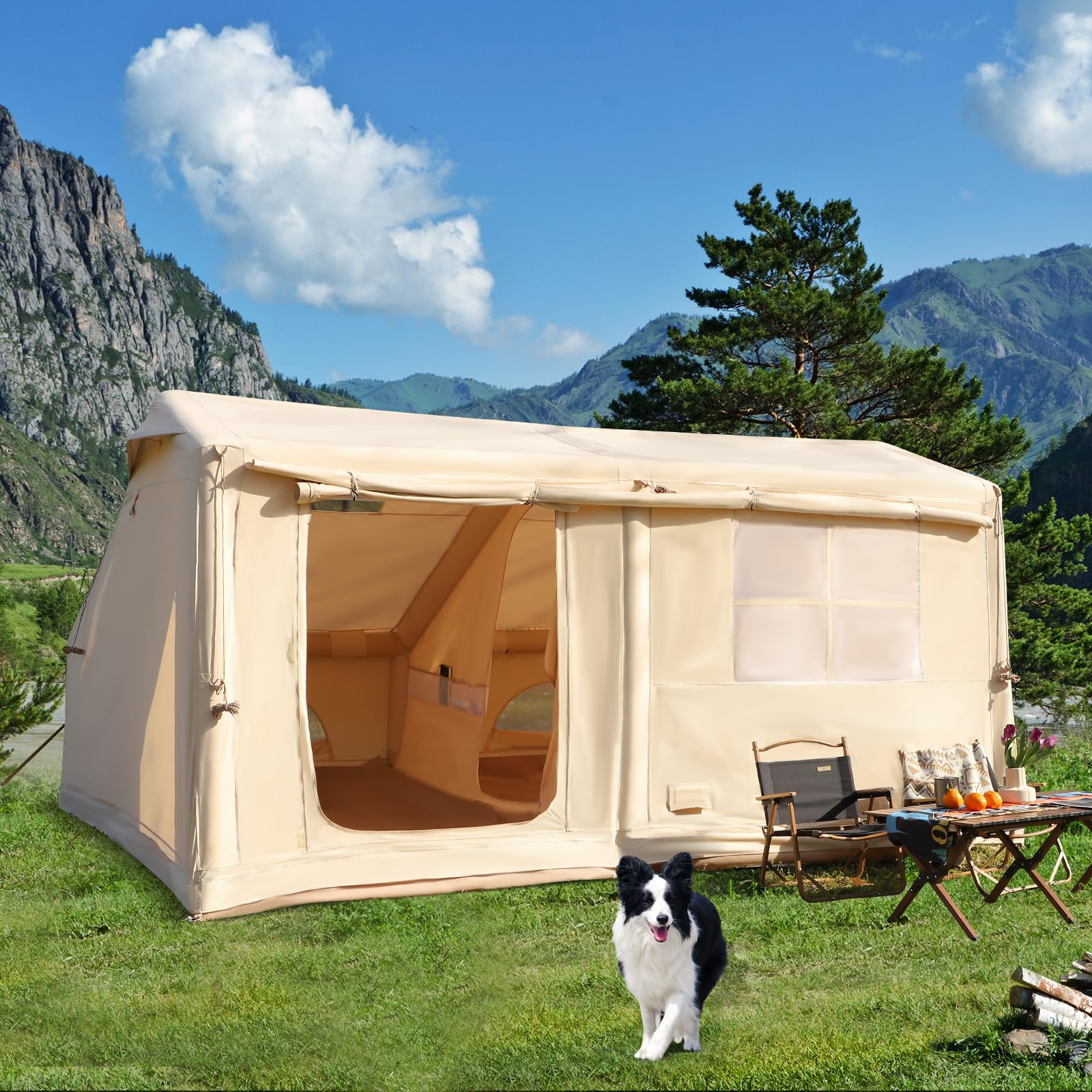 PALLOME 4 Season Cabin Tent for Camping & Glamping - Easy Set Up, Waterproof & Windproof Cotton Inflatable House Tent (Suitable for 4-6 Persons)