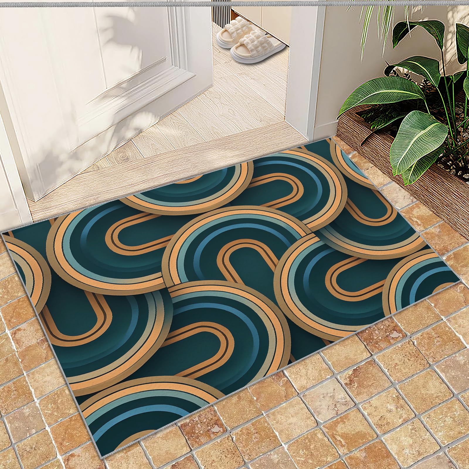 QDJKBL Entrance Rug 60 X 140 Cm Medieval Curved Geometric Lines, Brown and Yellow Bohemian Simple Stripes Doormats, Entrance Carpet Low Pile for Entryway