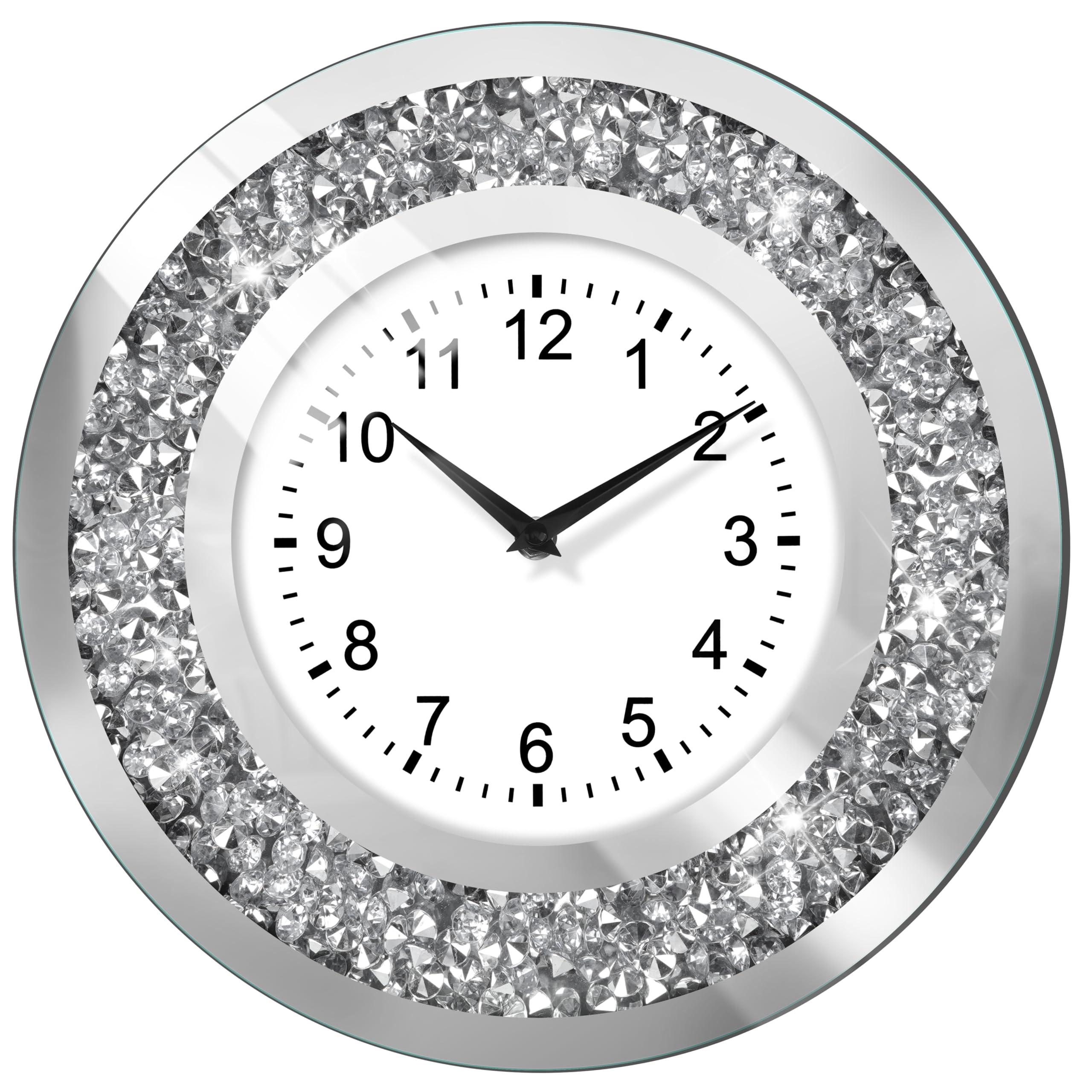 Horloge murale 35,6 cm grand format avec miroir en cristal de luxe et strass brillants