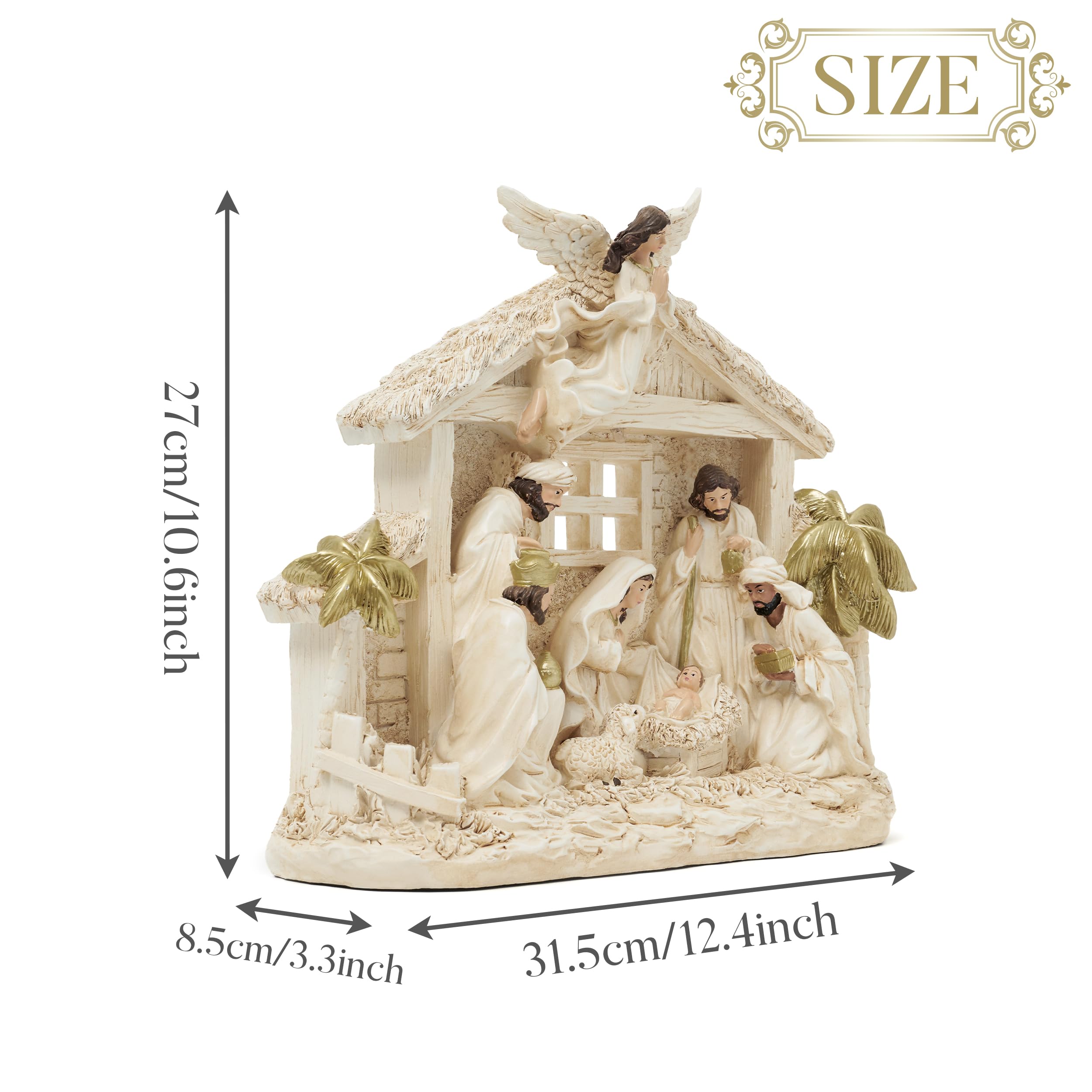 Valery Madelyn Figurines de crèche de Noël avec lumières LED - Grande crèche de Noël en or blanc - Mangeoire en résine pour Noël, intérieur, maison, table, cheminée, décorations de vacances, 27 cm de