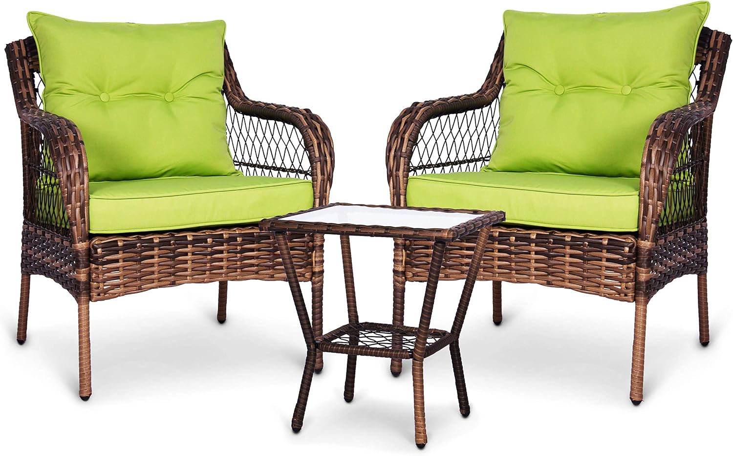 ENSTVER 3 Pieces Patio Conversation Set w/ 2 Rattan Wicker Chairs and Glass Table,for Garden Backyard Lown Porch (Green)