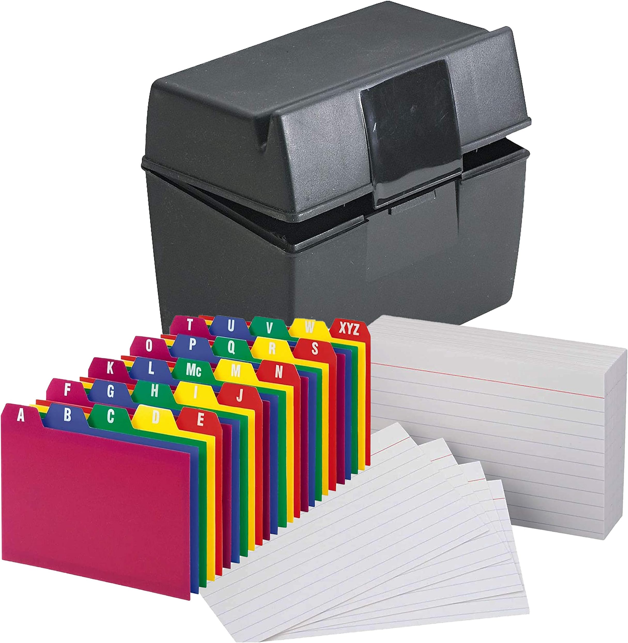 Plastic Index Card Flip Top File Box Holds 300 5 x 8 Cards, Matte Black, With Poly Card Guides, A-Z, 5 x 8 -Inch, and Heavy Weight Index Cards, 5" x 8", Ruled, White, 100/Pack (5x8 Inch)