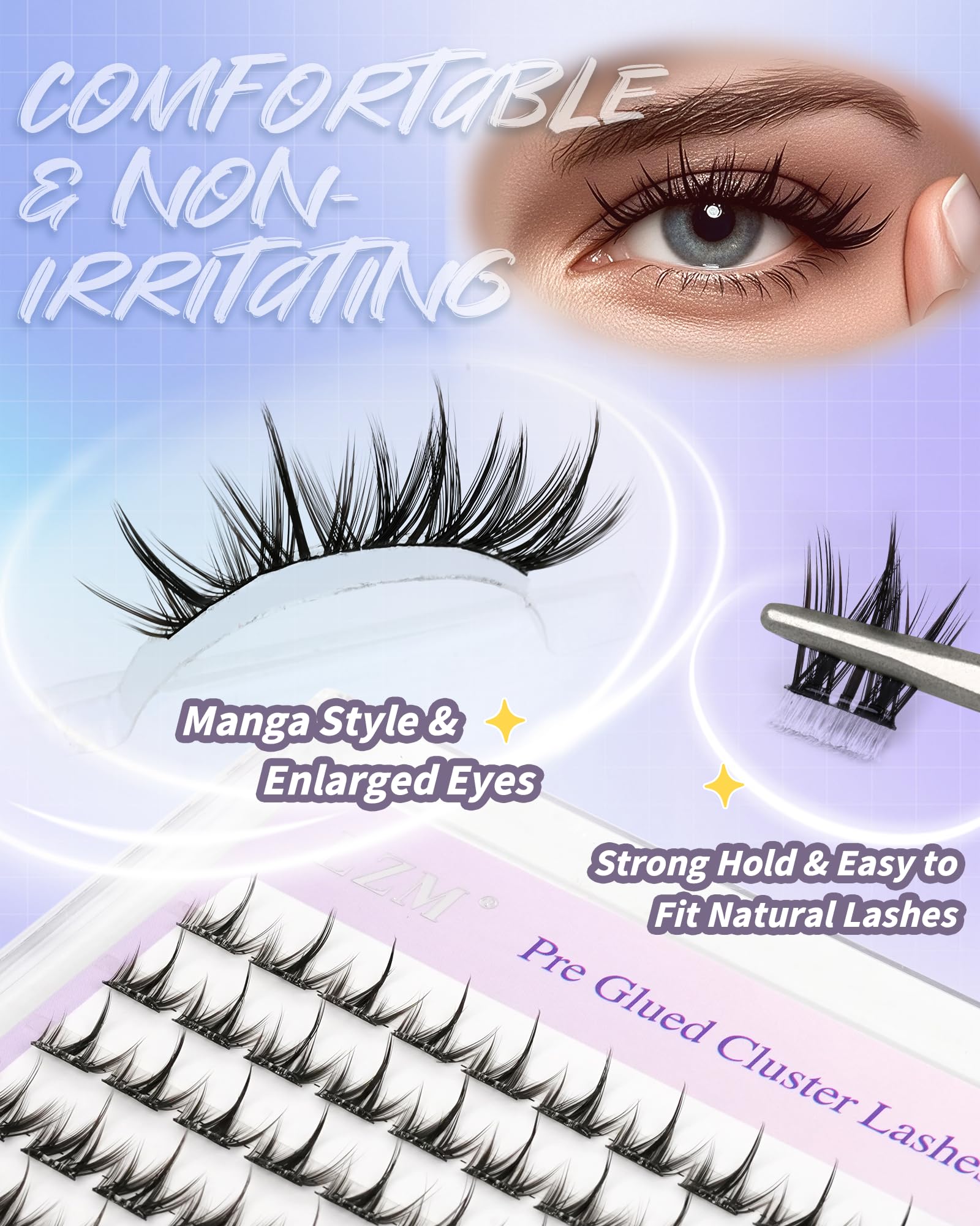 LZM Wstępnie przyklejone rzęsy klastrowe manga - C Curl 10-16 mm, wstępnie przyklejone rzęsy z pęsetą, lekkie, kolczaste, pojedyncze rzęsy, łatwe i szybkie w noszeniu, zestaw samoprzylepnych rzęs (QX)