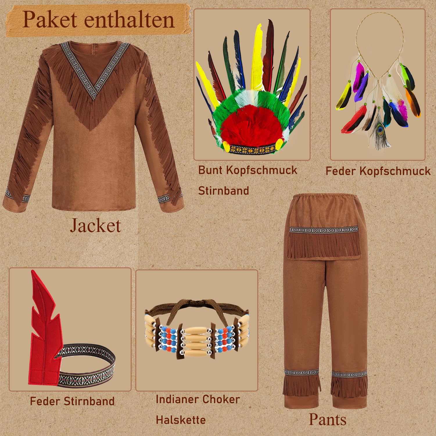 Costume da indiano per bambini e bambine, con accessori per carnevale, costume da indiano, per bambini, cosplay con copricapo, collana girocollo per Halloween