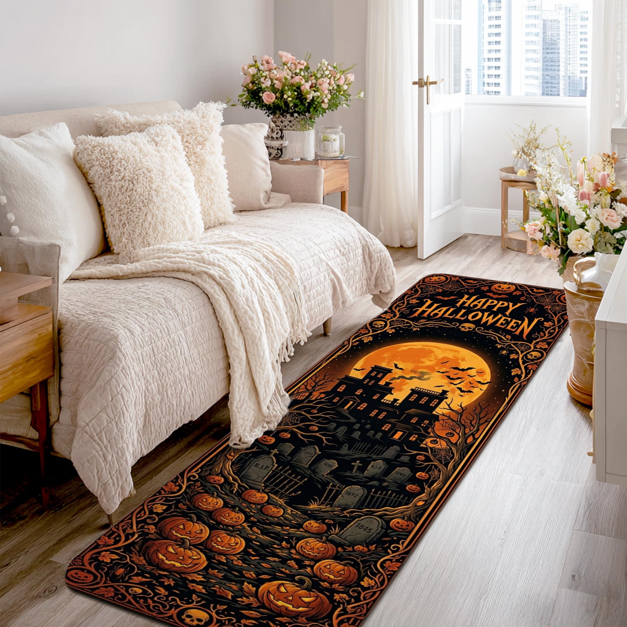 Alfombra Halloween antideslizante rectangular naranja para puerta