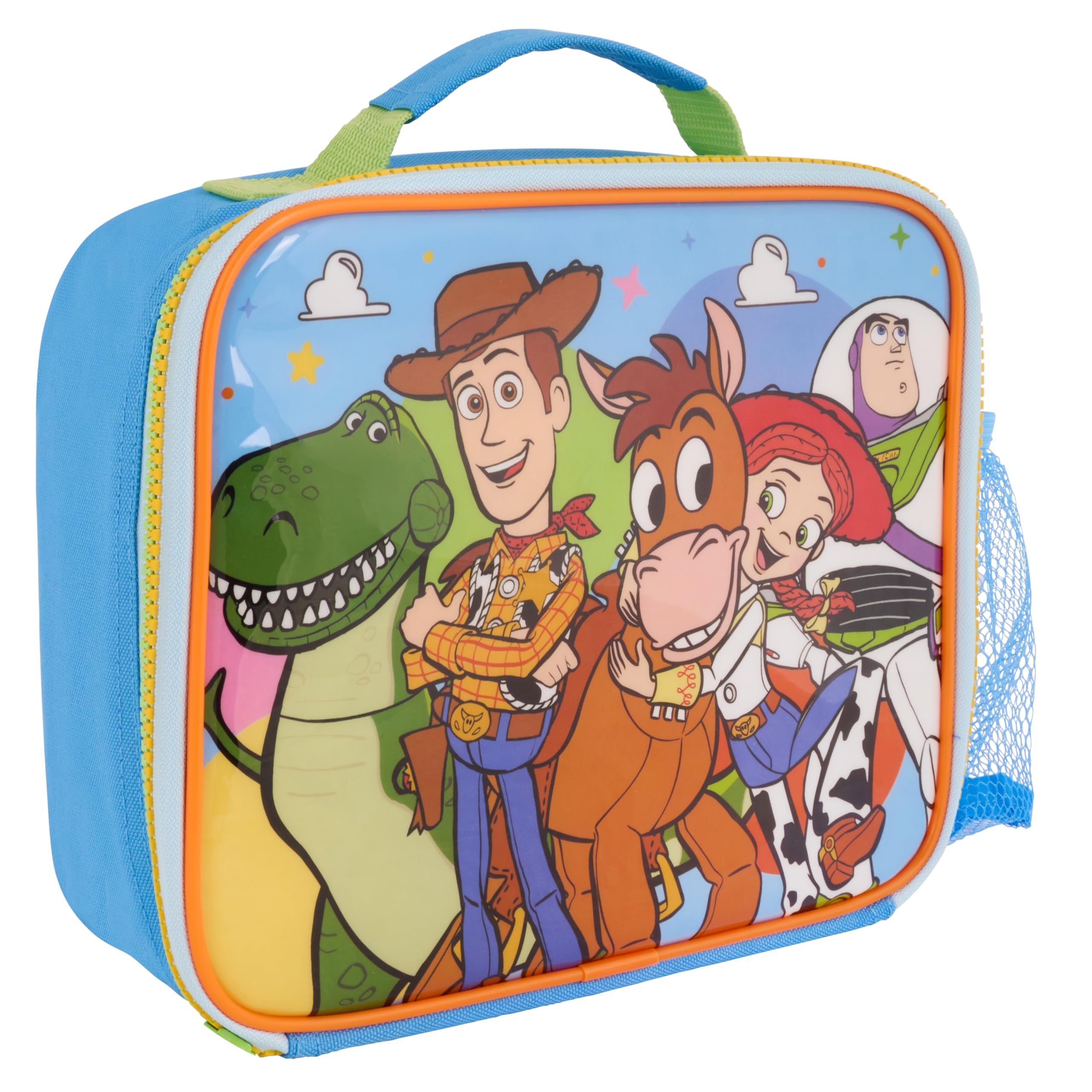 Disney Toy Story - Lonchera aislada con Rex, Woody, Bullseye, Jessie, Buzz Lightyear con forro antibacteriano y bolsillo de malla para botellas, azul, para la escuela y viajes