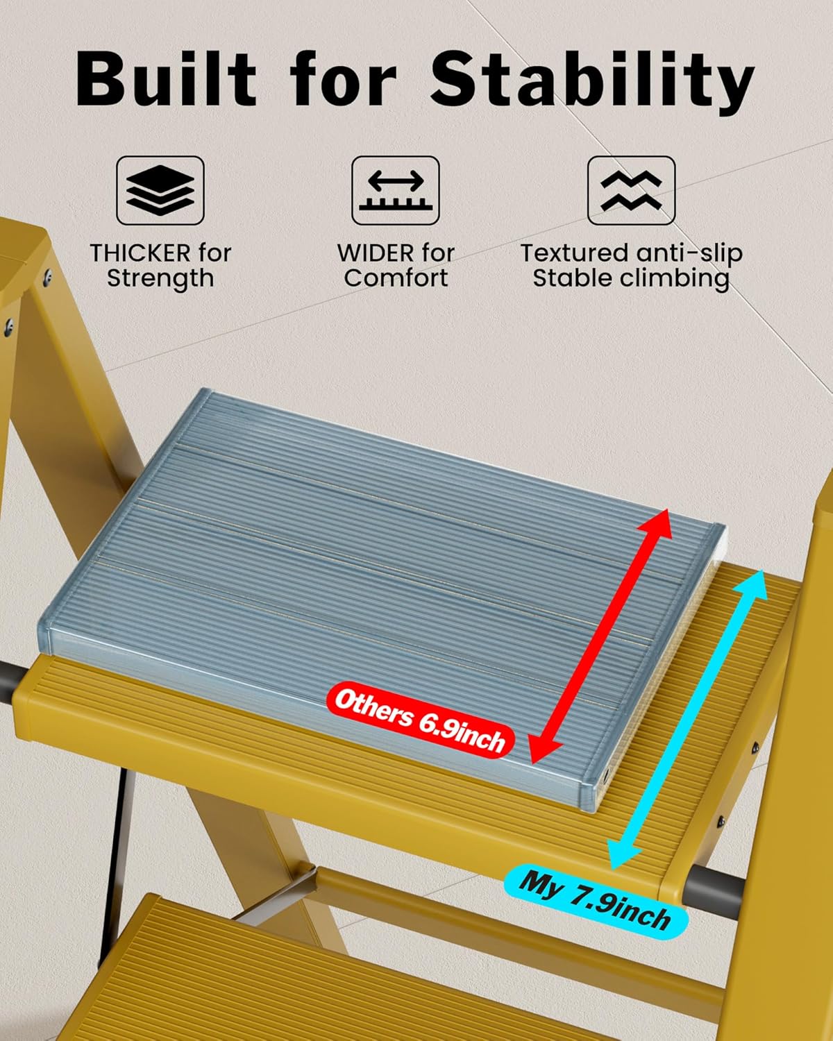 3 Step Ladder, Aluminum Lightweight Folding 3 Step Stool with Anti-Slip Wide Pedal, 330lbs Capacity Ladder for Household,Library,Office(Soft Dusk Yellow)