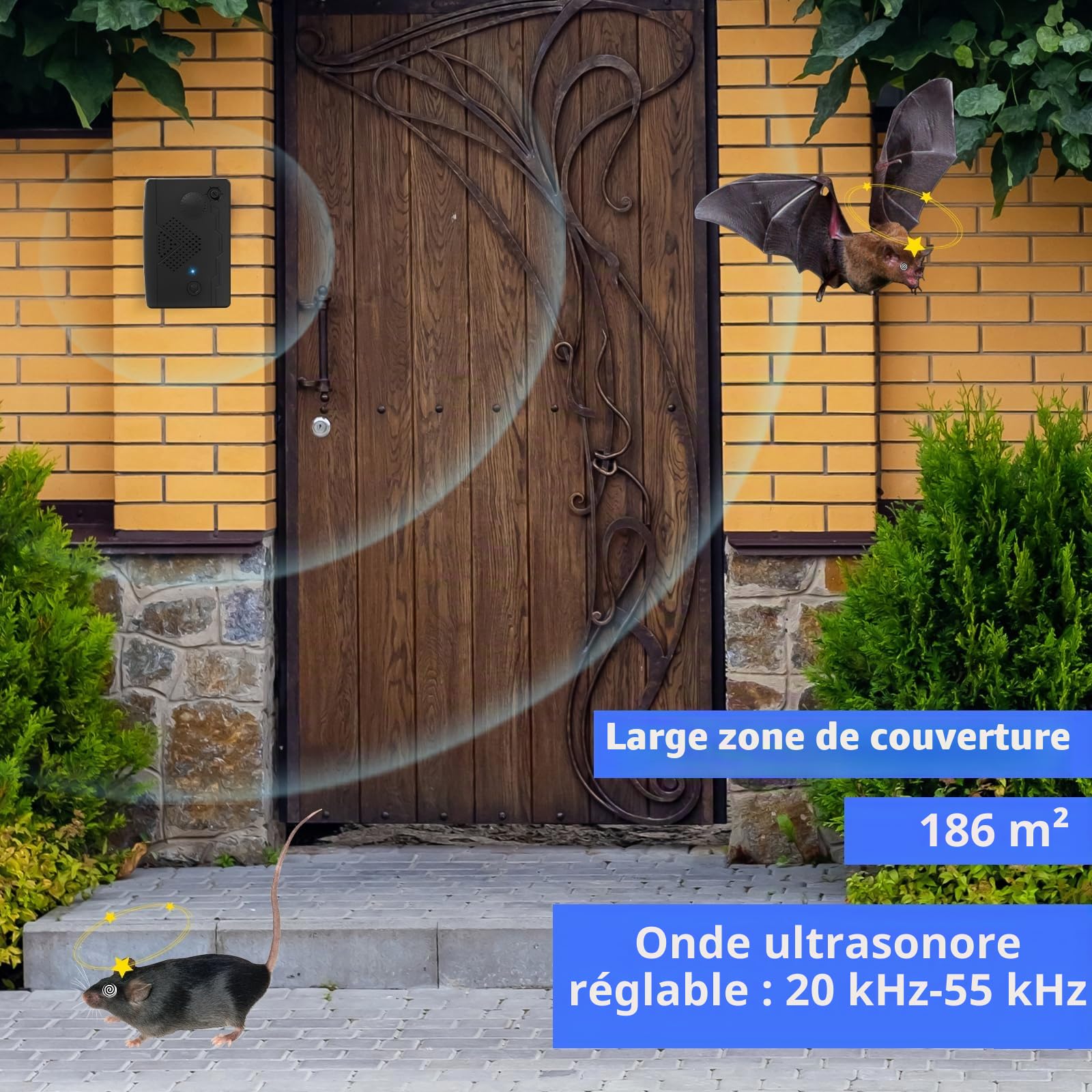 Lot de 2 répulsifs à ultrasons pour chauve-souris d'extérieur pour grenier, appareils dissuasif pour se débarrasser des chauves-souris, répulsif à ultrasons à ultrasons d'intérieur pour garder les