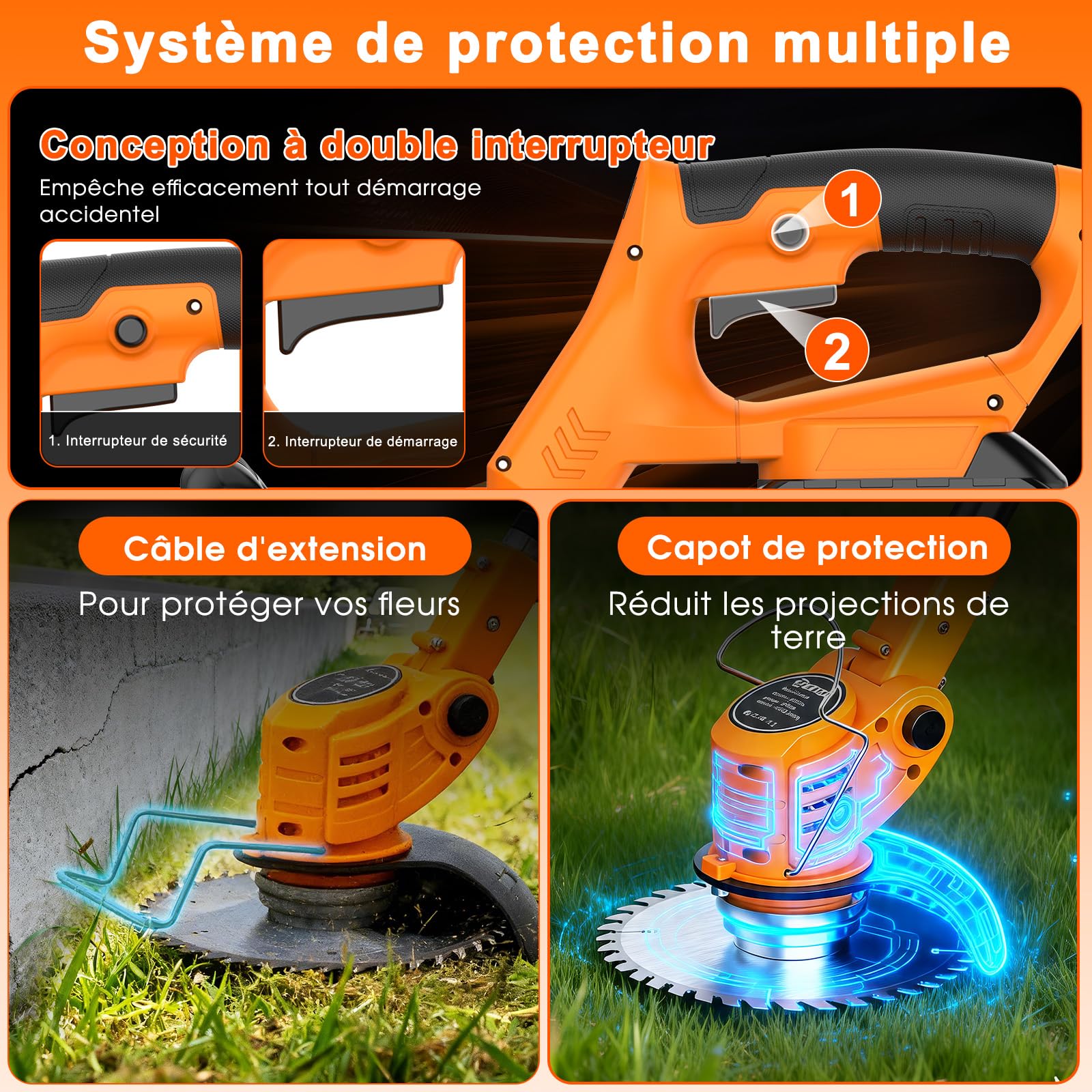 OUTIGO Debroussailleuse Electrique sans Fil, Debroussailleuse Batterie Livré avec 2 Batteries 21V Et Un Chargeur, Coupe Bordure sans Fil avec Batterie avec 4 Types De Lames, Utilisez Une Pelouse Domes