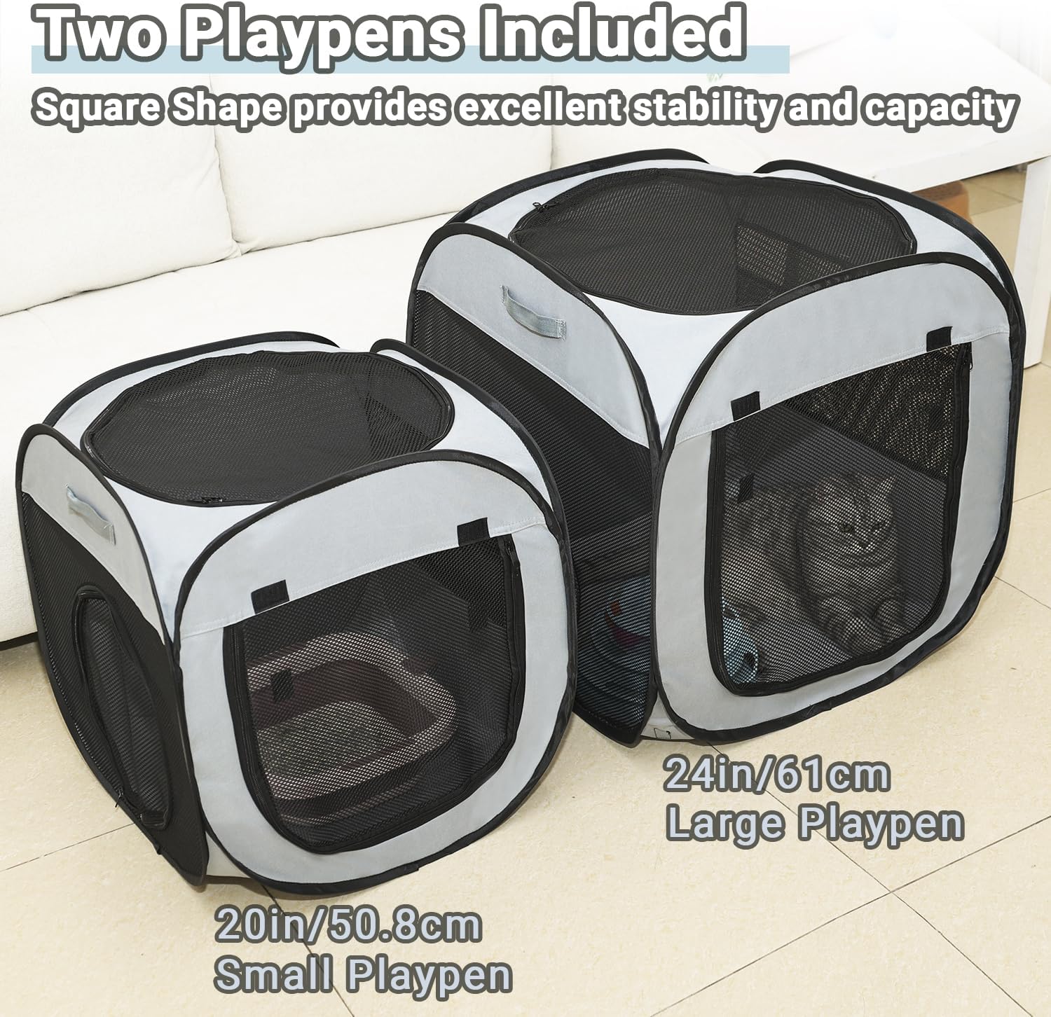 2-Pack Portable Cat Playpens with Flannel Mat, Folding Dog Cat Tents for Indoor & Outdoor Use, Securing Pegs, WaterProof Fabric Soft-sided Houses Cat Enclosures for Cats, Puppies, and Small Pets -Grey