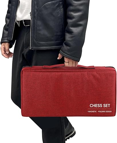 Miniatura 7 de Juego de ajedrez magnético de 15 pulgadas con tablero plegable y bolsa de viaje, juego de ajedrez de madera profesional, bolsa de almacenamiento de