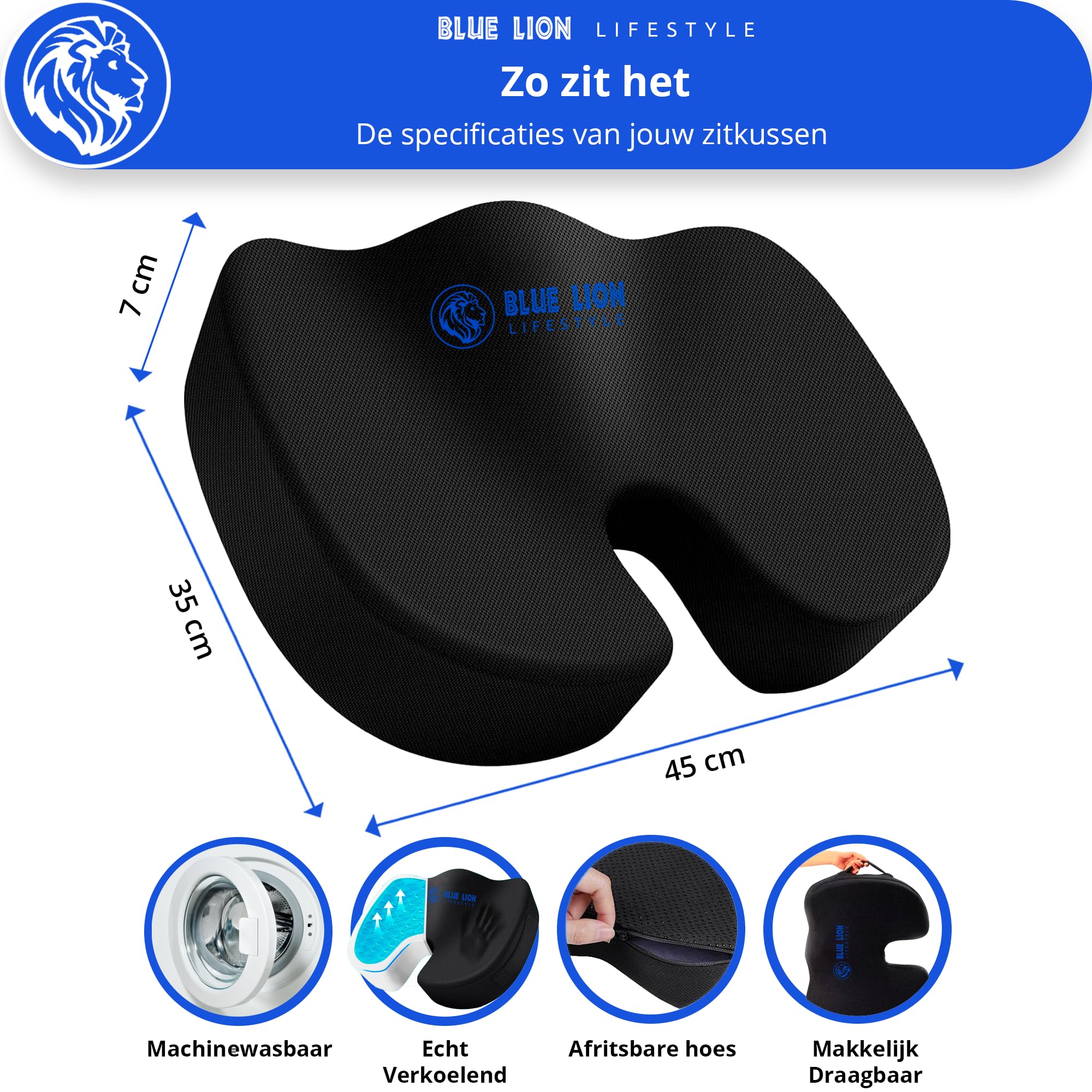 Cuscino ortopedico con Gel Blue Lion Lifestyle - Cuscino ergonomico per auto o ufficio - Cuscino per Cuneo Sedia da Ufficio - Memory Foam - Nero