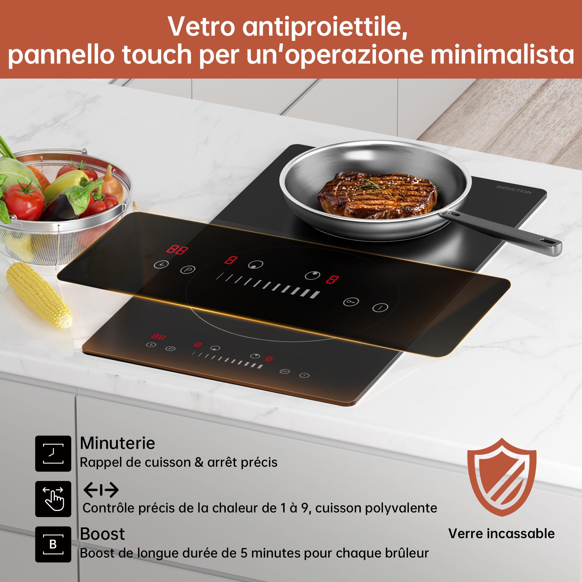 Plaque Induction 2 Feux Encastrable 3600 W, Puissance 9 Niveaux, Boost Rapide, Chauffage Doux, Minuterie, Sécurité Enfant, Détecteur Casserole, Tactile Coulissant,Noir Brillant