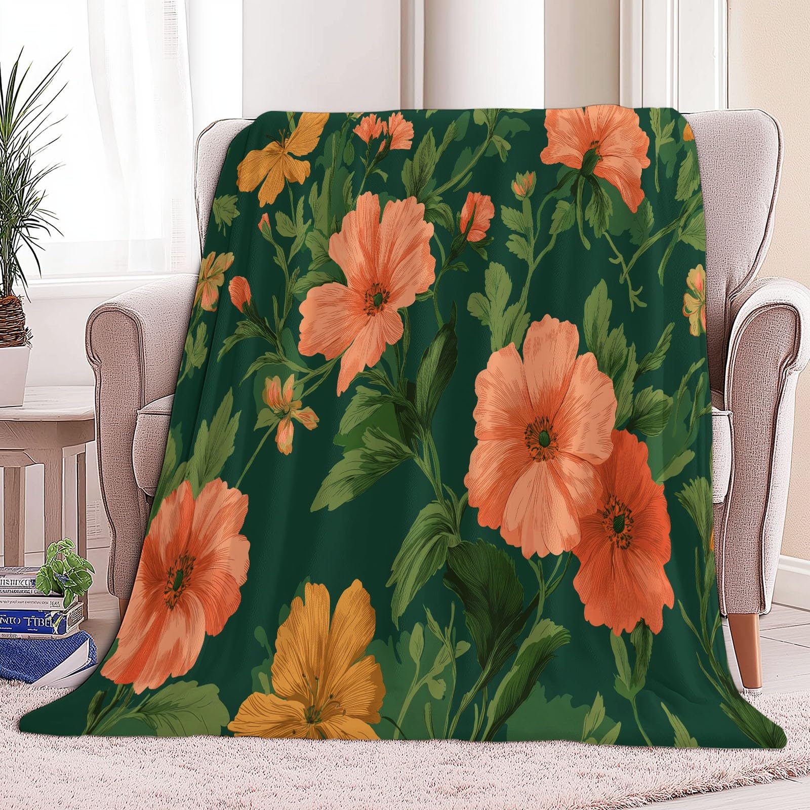 Coperta Pile Singolo Matrimoniale Fiori In Stile Pastorale Plaid Divano e Letto Coperte Pile di Flanella Calda MorbidaVerde, per Letto Divano Sedia, 180 x 200 cm